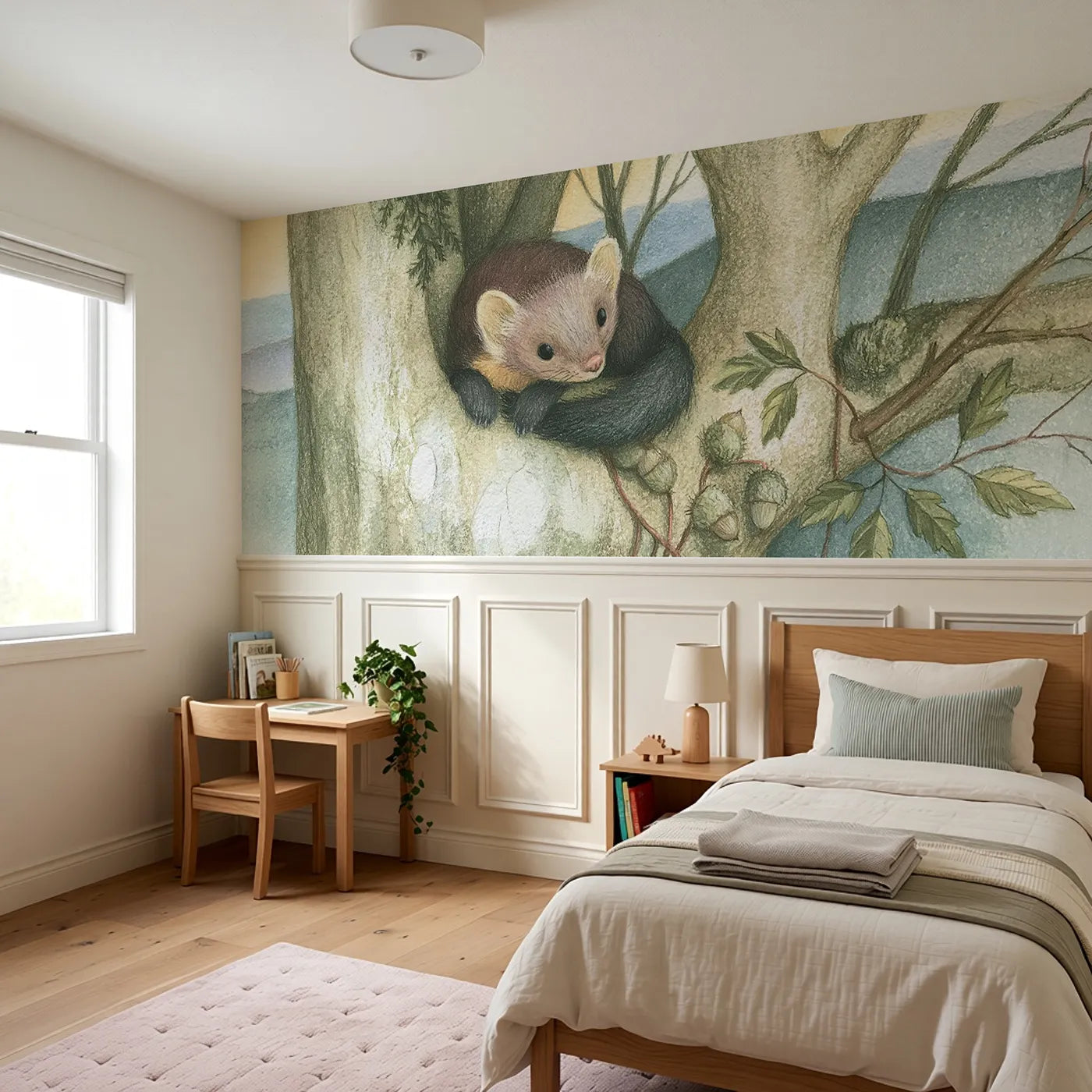 Curled In The High Fork Wainscoting Wallpaper styled in a kids room by Whimsy Tots