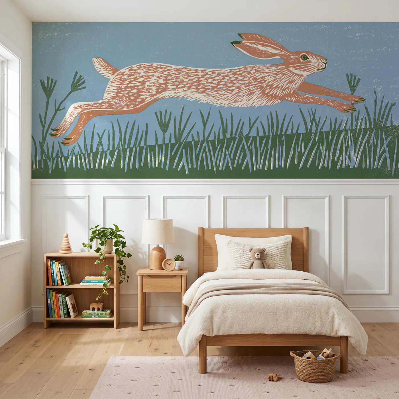 Block print wainscoting wallpaper of a carved hare mid leap by Whimsy Tots