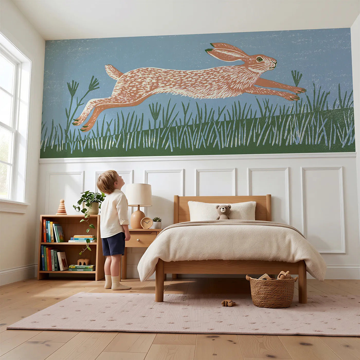 Child reading near Carved Hare Mid Leap Wainscoting Wallpaper by Whimsy Tots