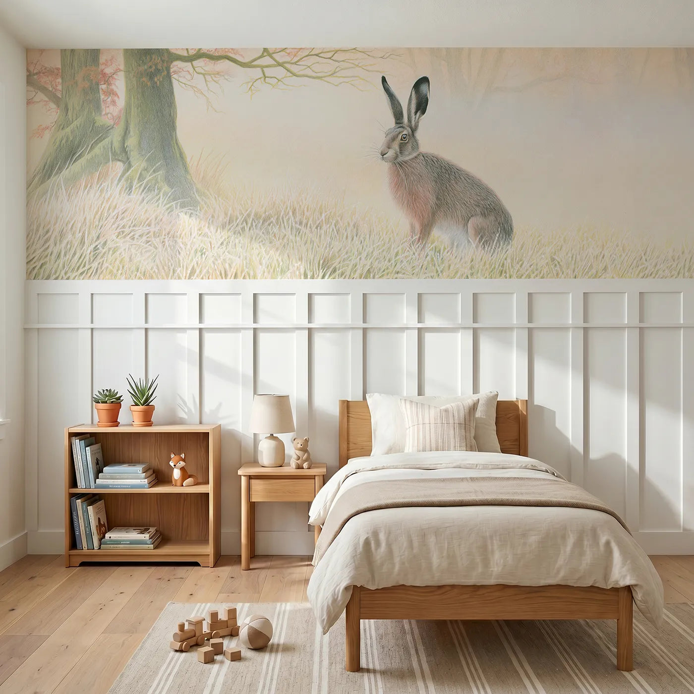 Colored pencil wainscoting wallpaper of a hare sitting tall by Whimsy Tots