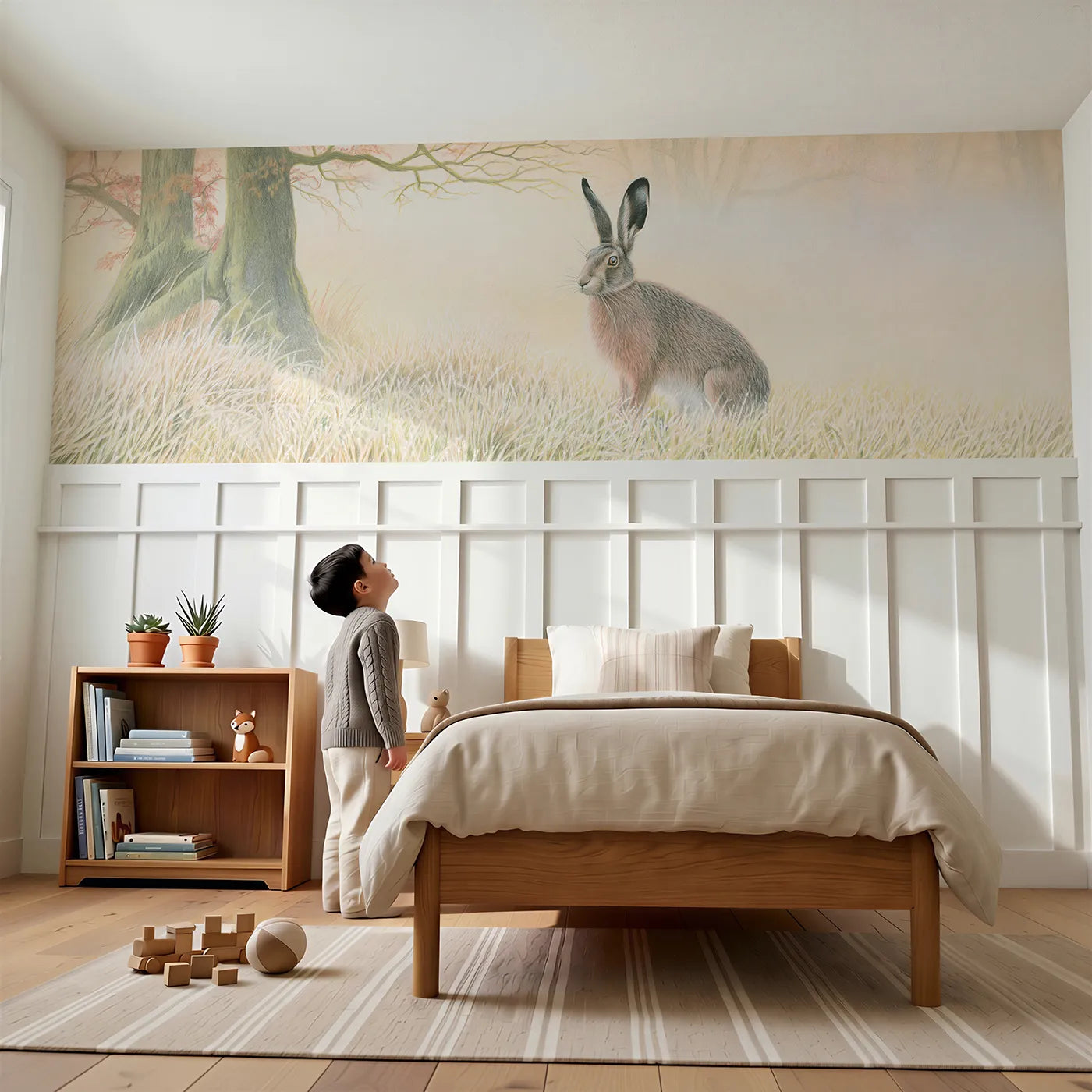 Child reading near Hare Sitting Tall Wainscoting Wallpaper by Whimsy Tots