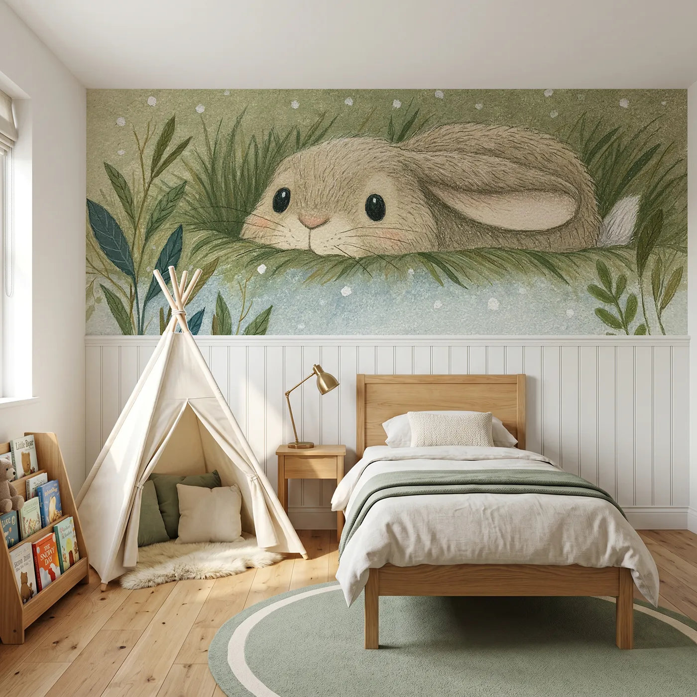Colored pencil wainscoting wallpaper of a leveret in its form by Whimsy Tots