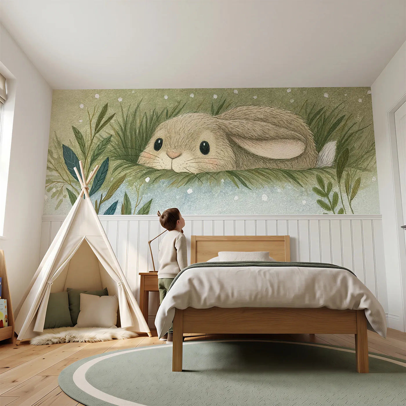 Child reading near Leveret In Its Form Wainscoting Wallpaper by Whimsy Tots