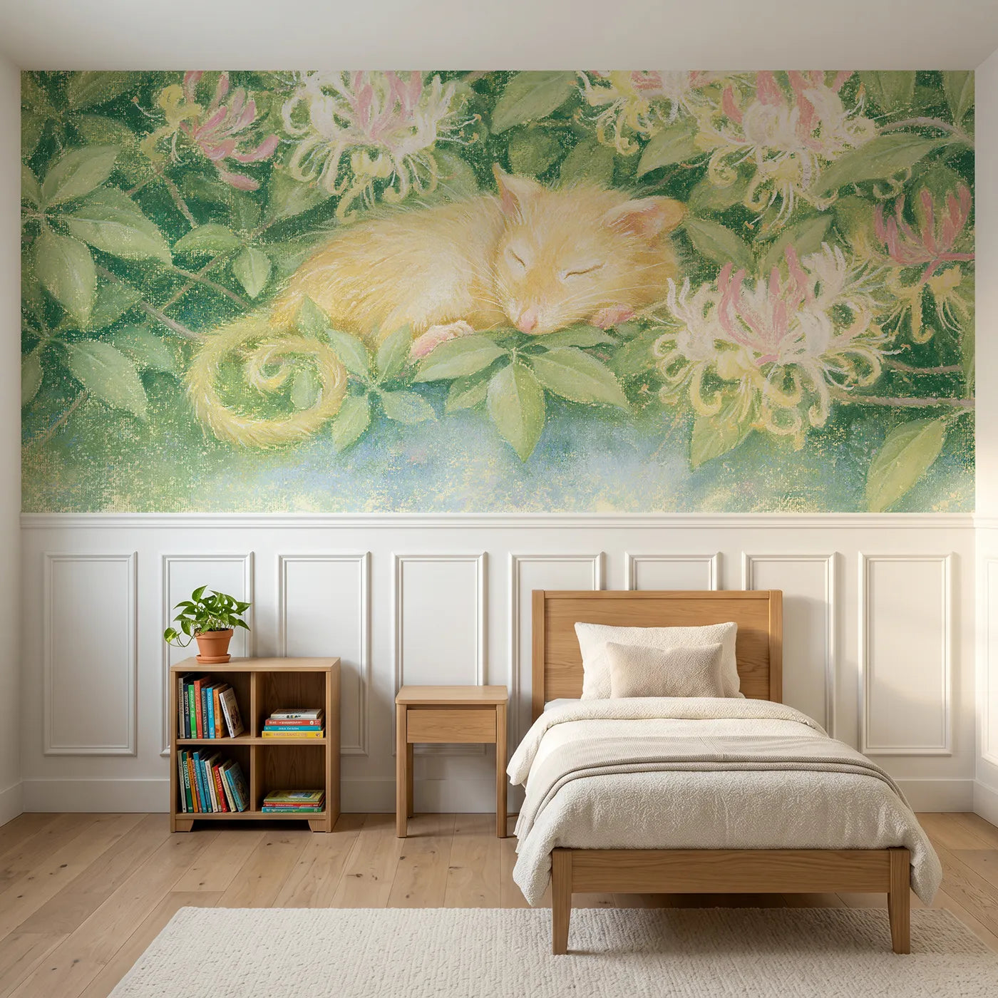 Soft pastel wainscoting wallpaper of a dormouse in the honeysuckle by Whimsy Tots