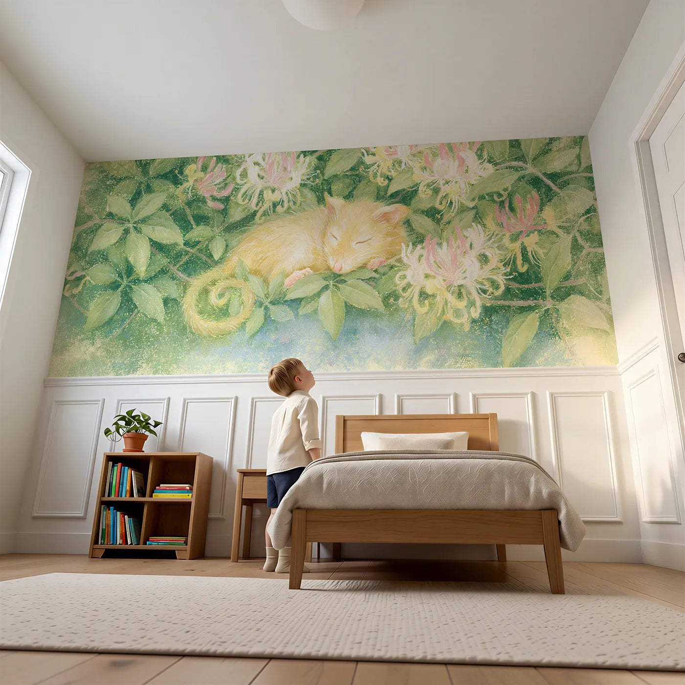 Child reading near Dormouse In The Honeysuckle Wainscoting Wallpaper by Whimsy Tots