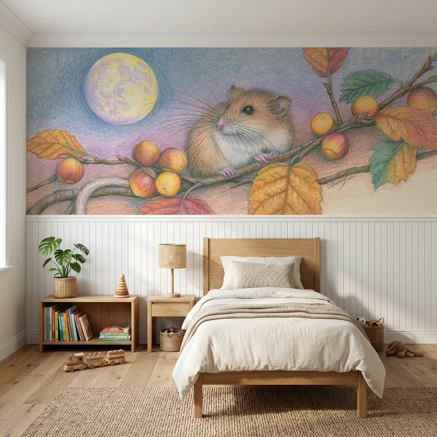 Colored pencil wainscoting wallpaper of a dormouse on the hazel spray by Whimsy Tots