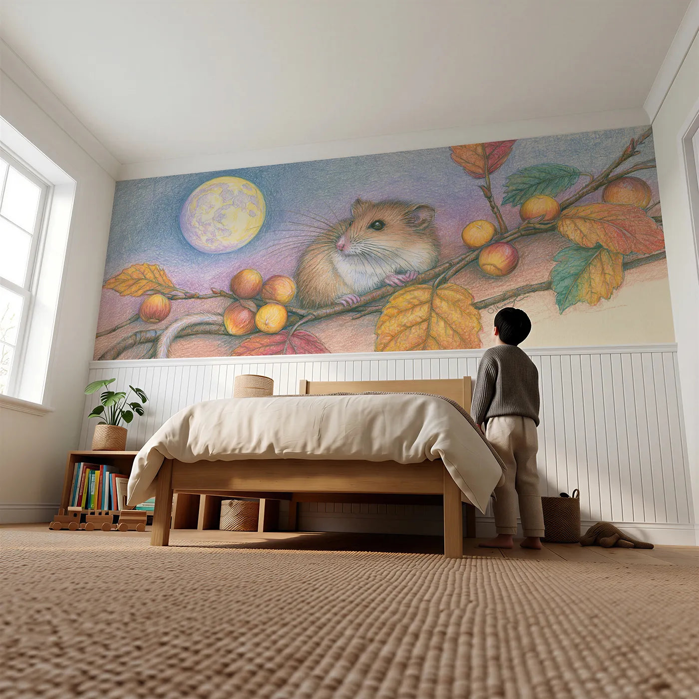 Child reading near Dormouse On The Hazel Spray Wainscoting Wallpaper by Whimsy Tots