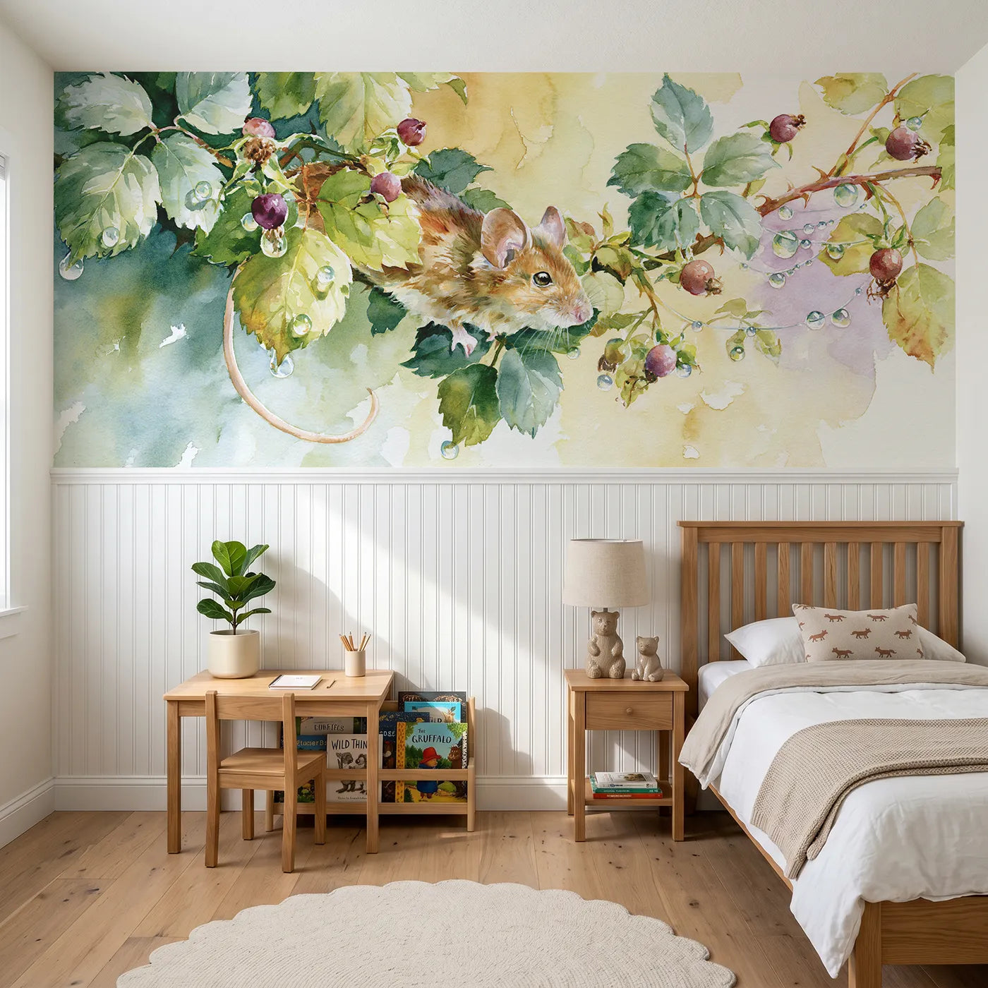 Watercolor wainscoting wallpaper of a wood mouse on the bramble arch by Whimsy Tots