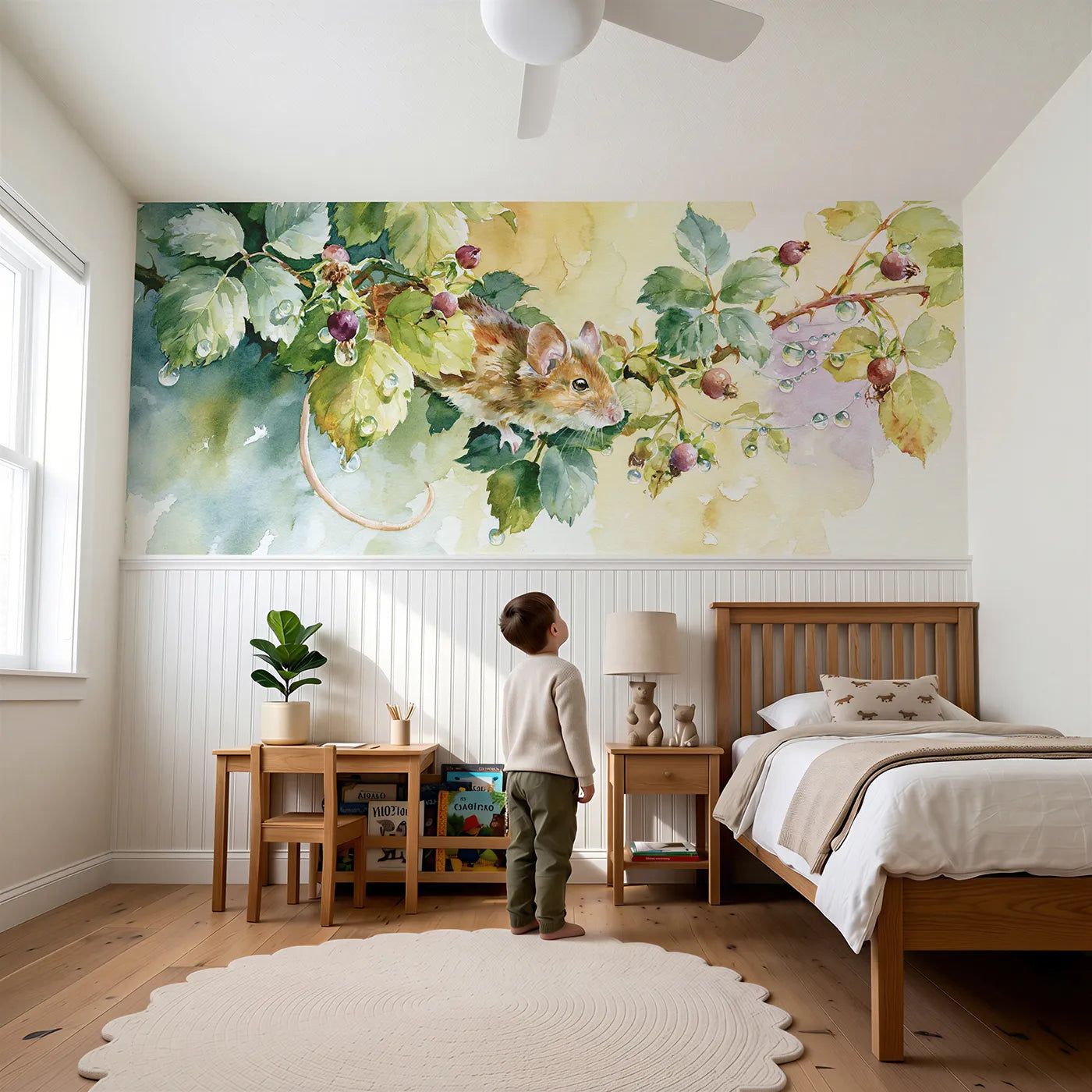 Child reading near Wood Mouse Bramble Arch Wainscoting Wallpaper by Whimsy Tots
