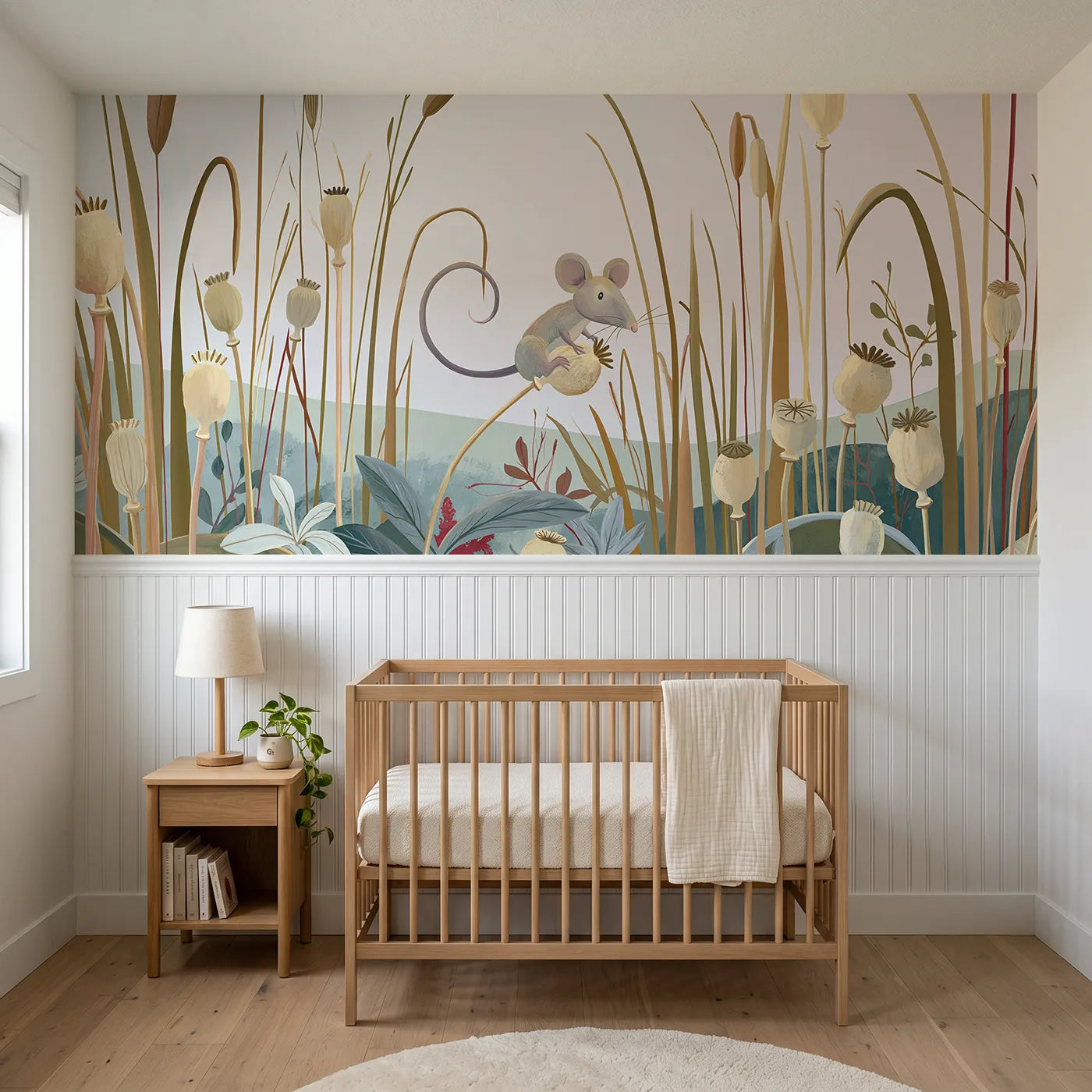 Modern illustration wainscoting wallpaper of balancing on the seed head by Whimsy Tots