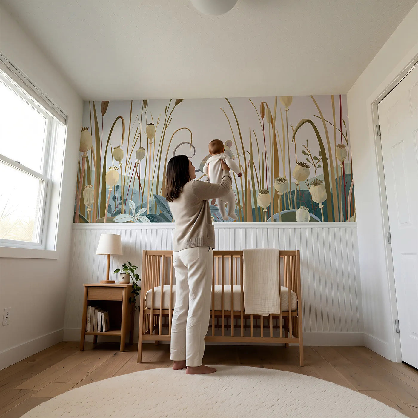 Child reading near Balancing On The Seed Head Wainscoting Wallpaper by Whimsy Tots