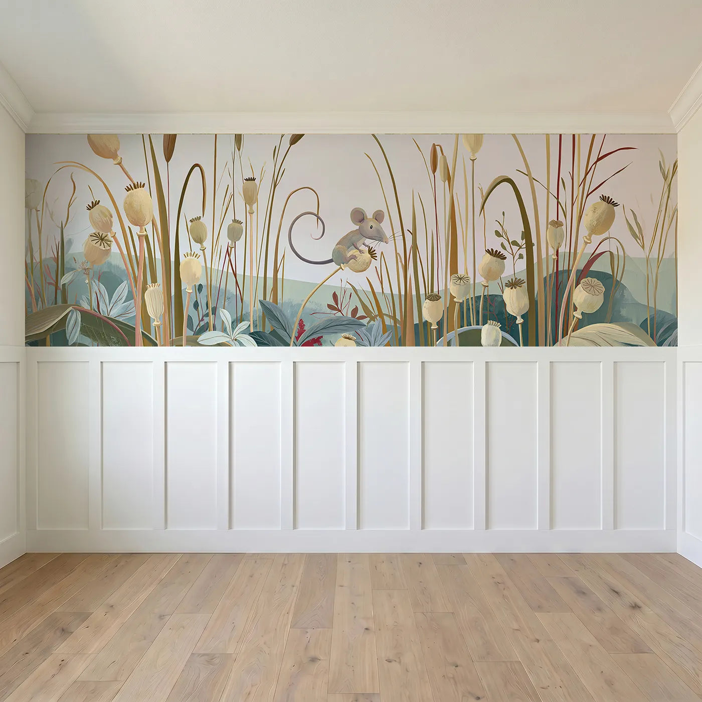 Full panel view of Balancing On The Seed Head Wainscoting Wallpaper by Whimsy Tots