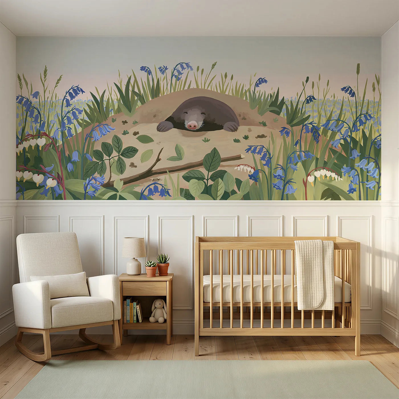 Modern illustration wainscoting wallpaper of a mole at the molehill by Whimsy Tots