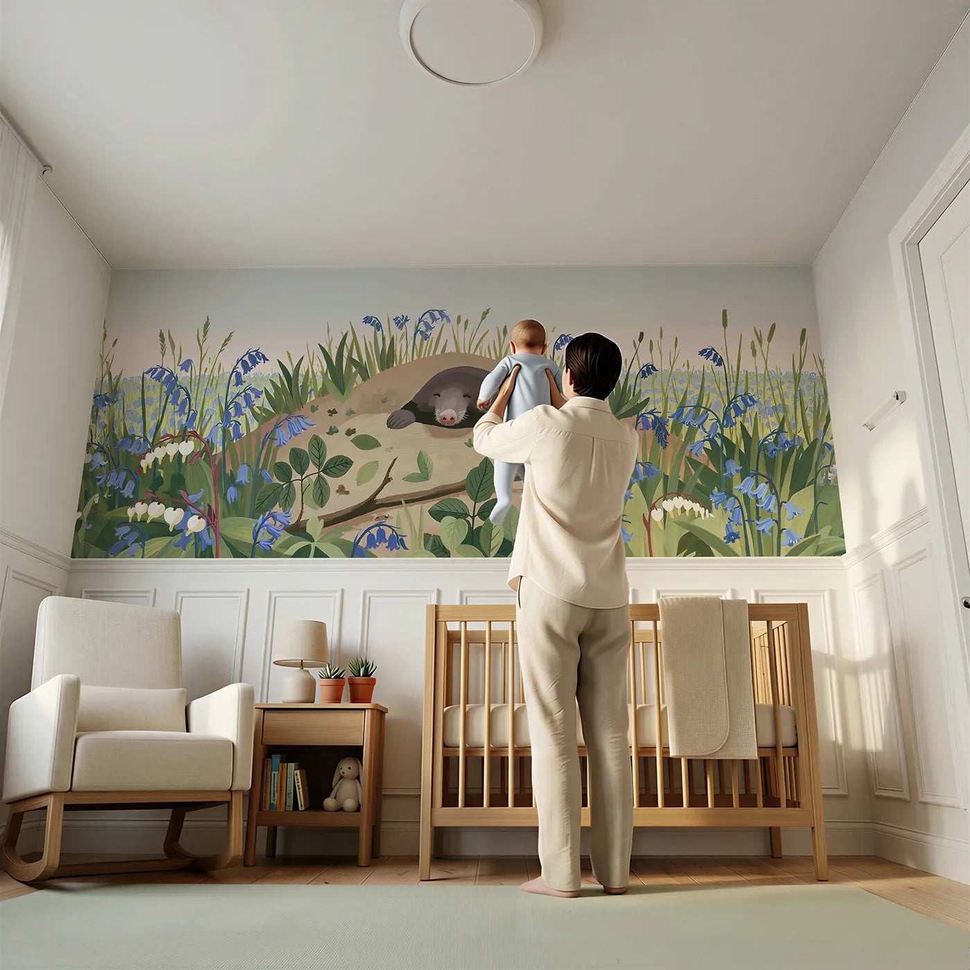 Child reading near Mole At The Molehill Wainscoting Wallpaper by Whimsy Tots