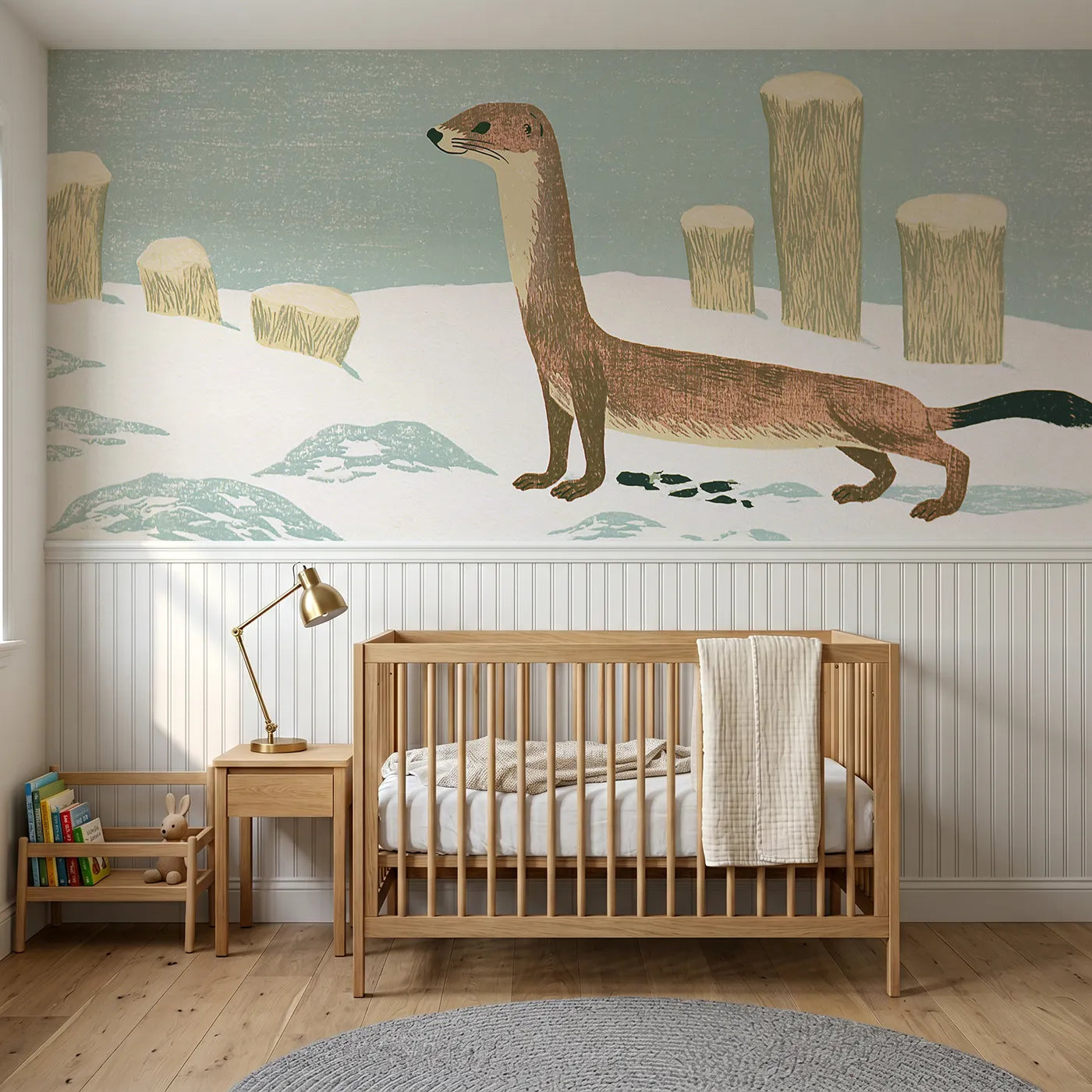 Block print wainscoting wallpaper of a carved stoat standing tall by Whimsy Tots