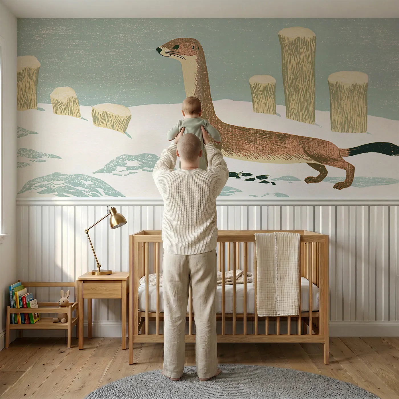 Child reading near Carved Stoat Standing Tall Wainscoting Wallpaper by Whimsy Tots