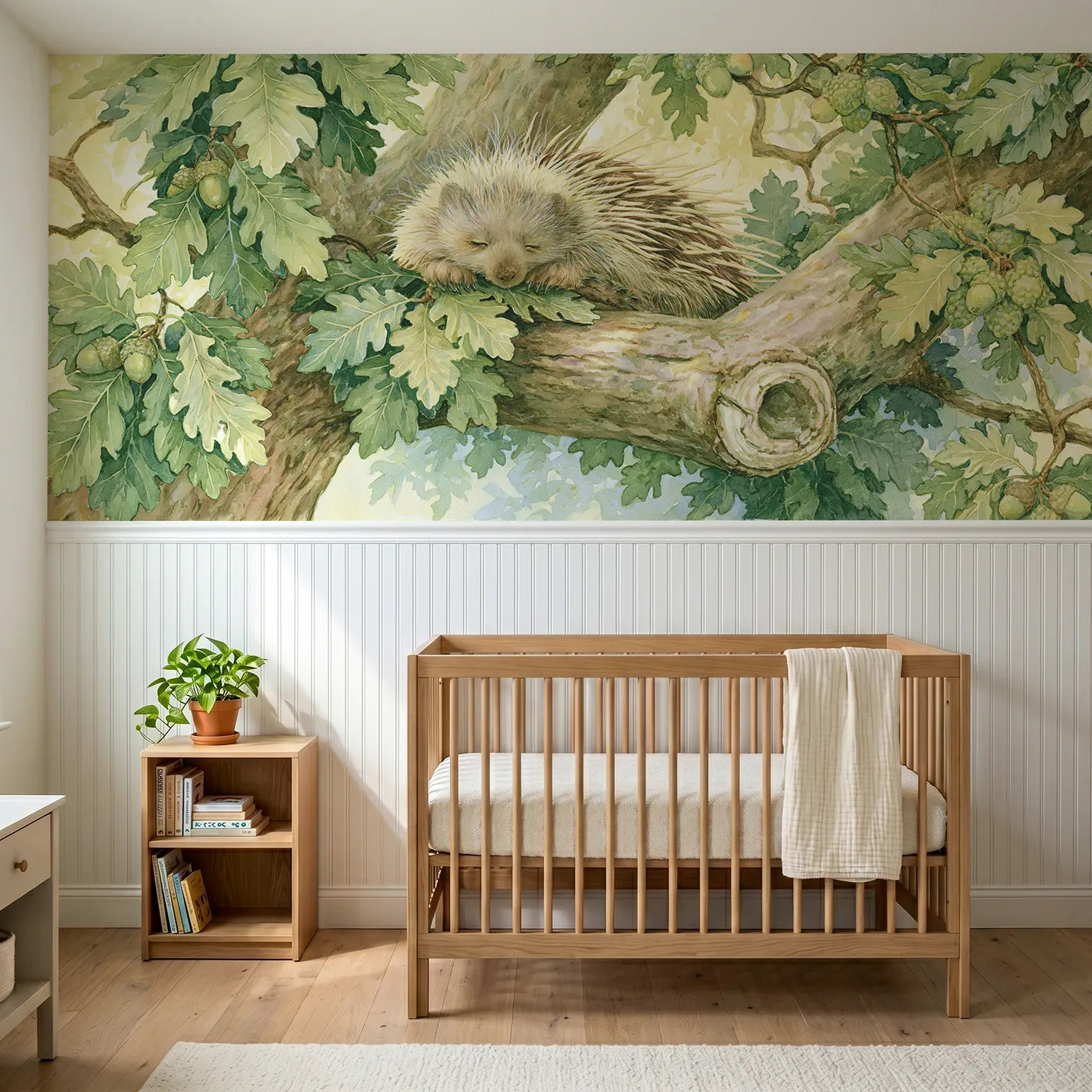 Storybook wainscoting wallpaper of a porcupine in the oak fork by Whimsy Tots