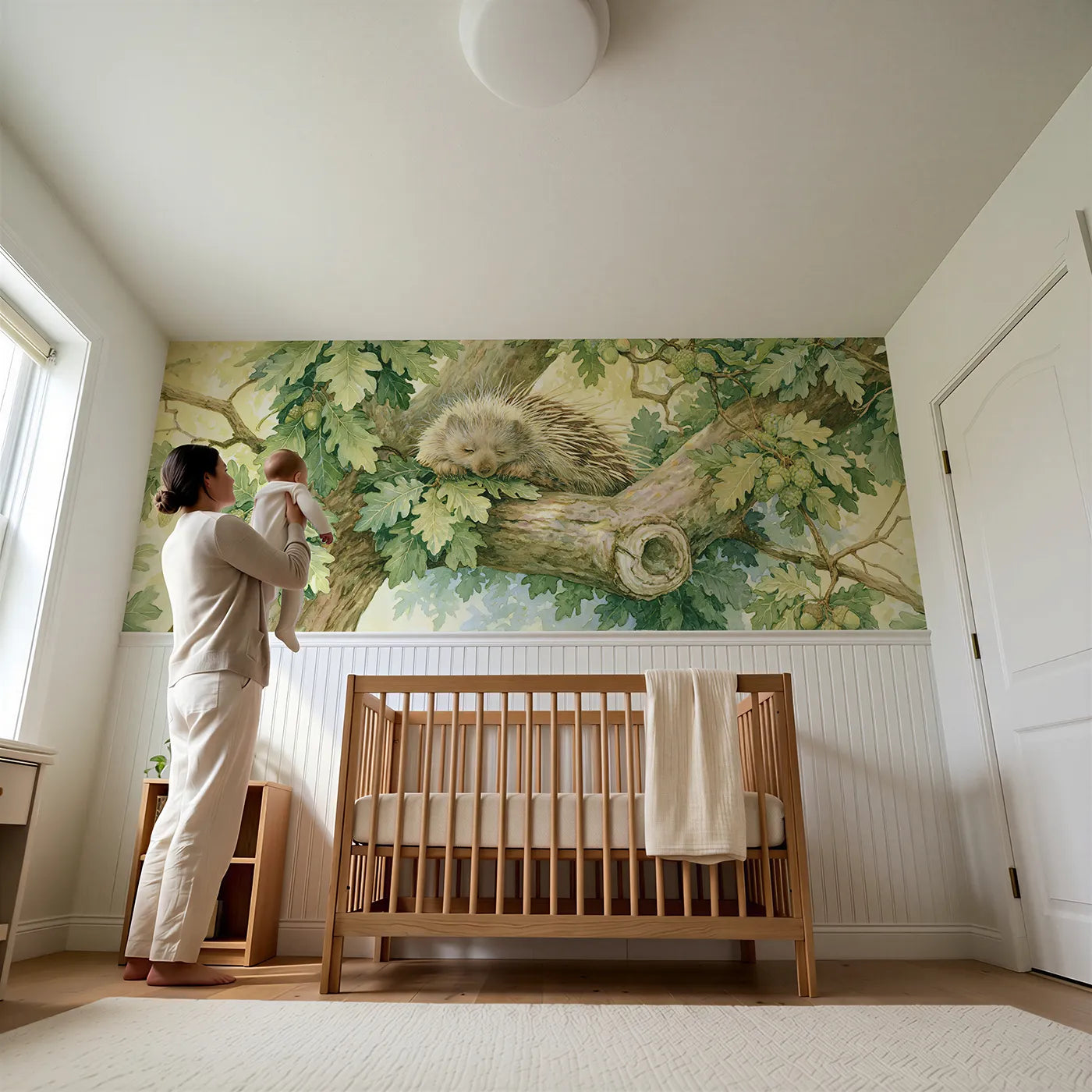 Child reading near Porcupine In The Oak Fork Wainscoting Wallpaper by Whimsy Tots