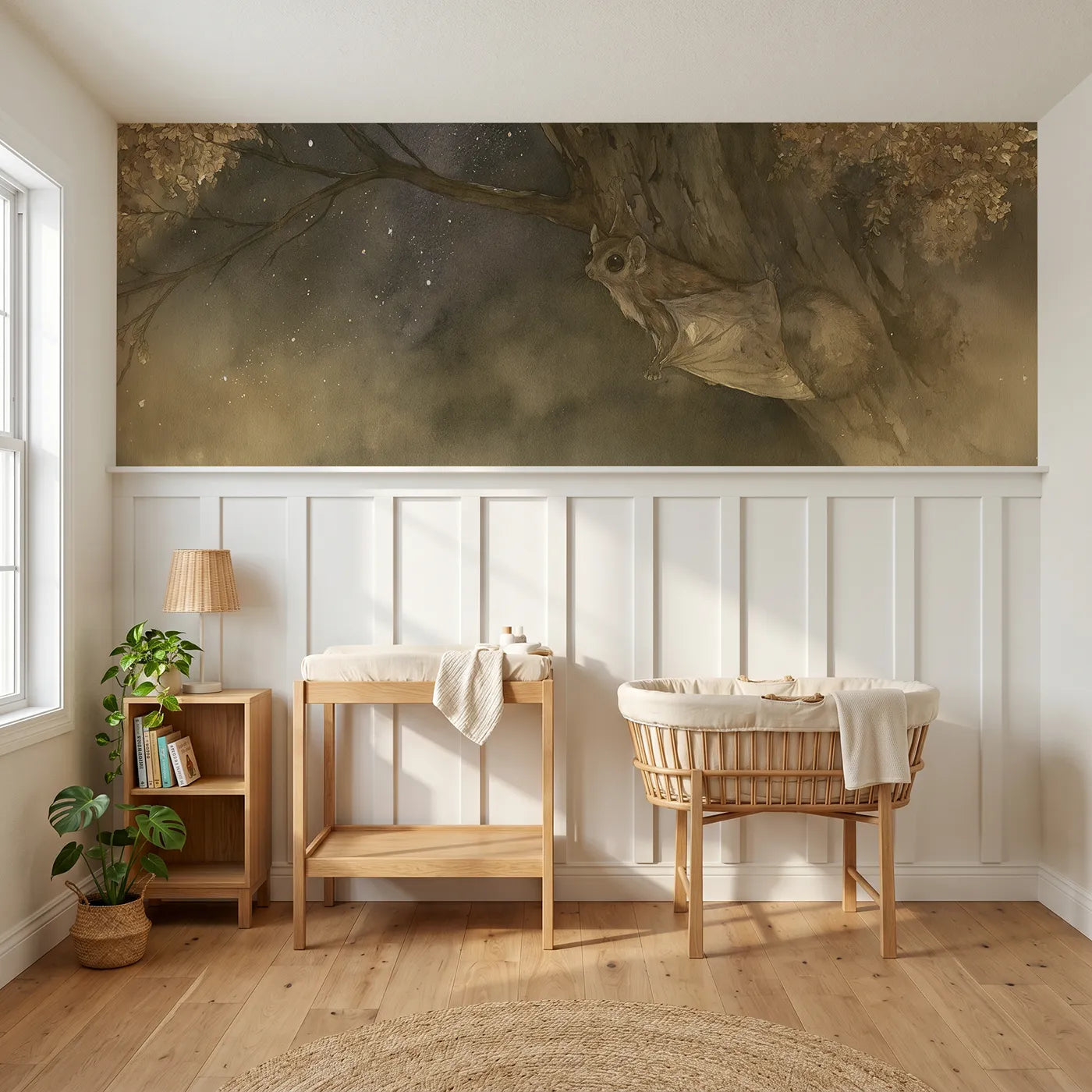 Watercolor wainscoting wallpaper of a flying squirrel at the top by Whimsy Tots