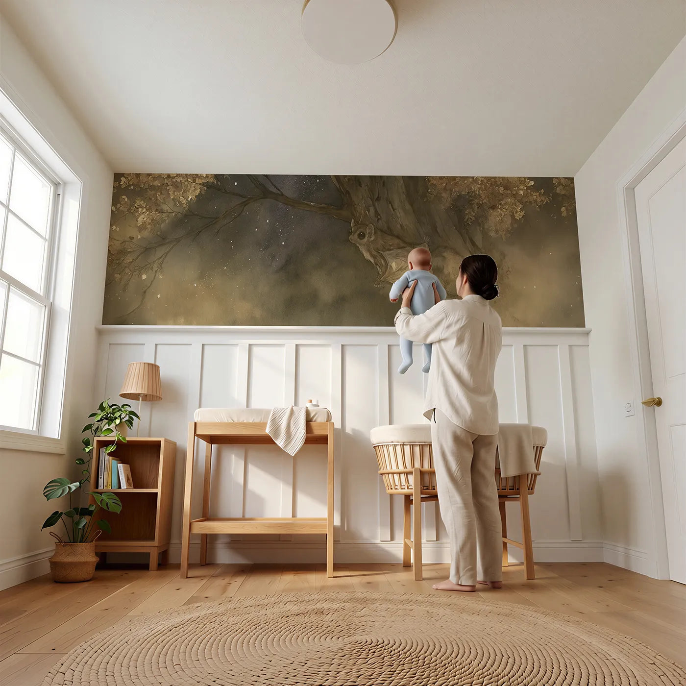 Child reading near Flying Squirrel At The Top Wainscoting Wallpaper by Whimsy Tots