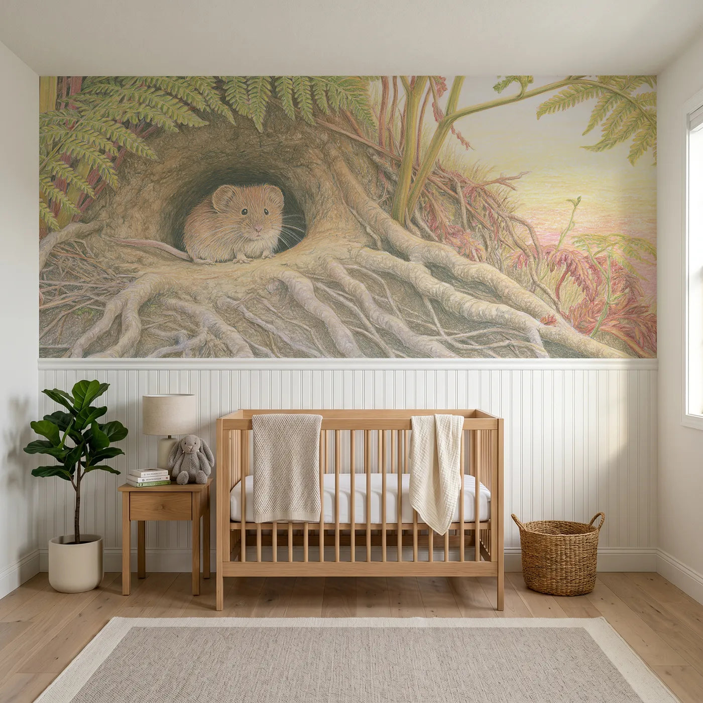 Colored pencil wainscoting wallpaper of a bank vole at the doorway by Whimsy Tots