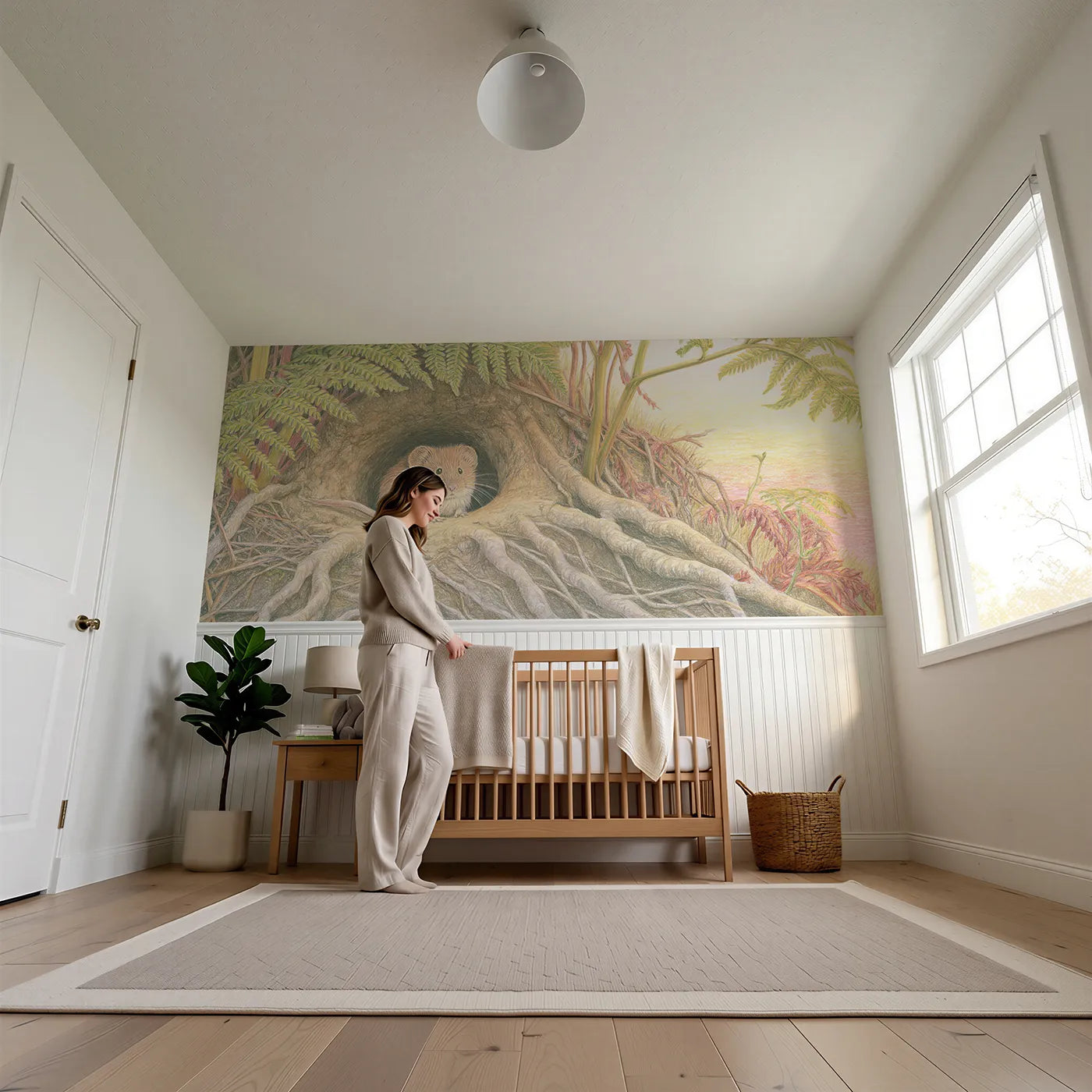 Child reading near Bank Vole At The Doorway Wainscoting Wallpaper by Whimsy Tots