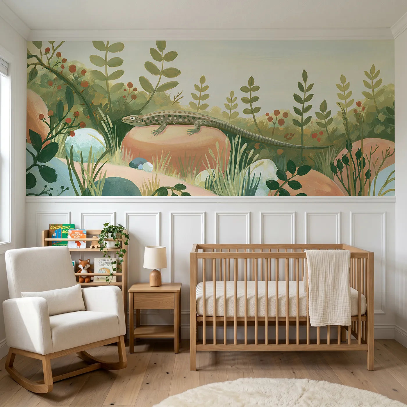 Modern illustration wainscoting wallpaper of a lizard on the warm stone by Whimsy Tots