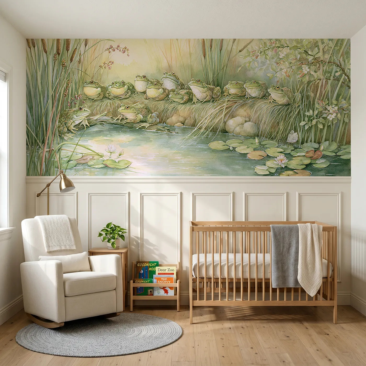 Storybook wainscoting wallpaper of a frog chorus at the pool by Whimsy Tots