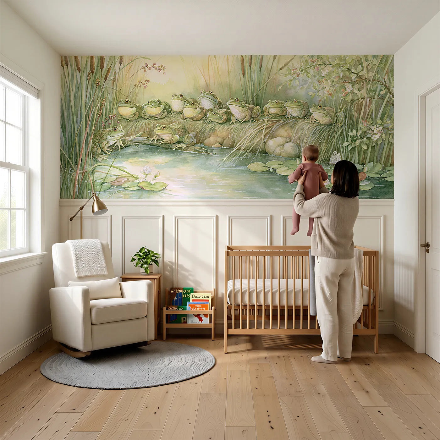 Child reading near Frog Chorus At The Pool Wainscoting Wallpaper by Whimsy Tots