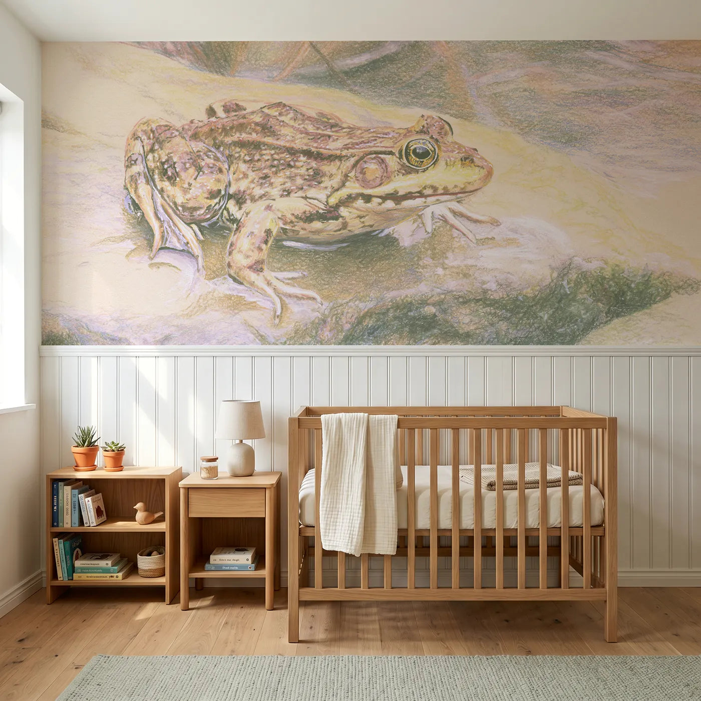 Colored pencil wainscoting wallpaper of a frog on the wet stone by Whimsy Tots