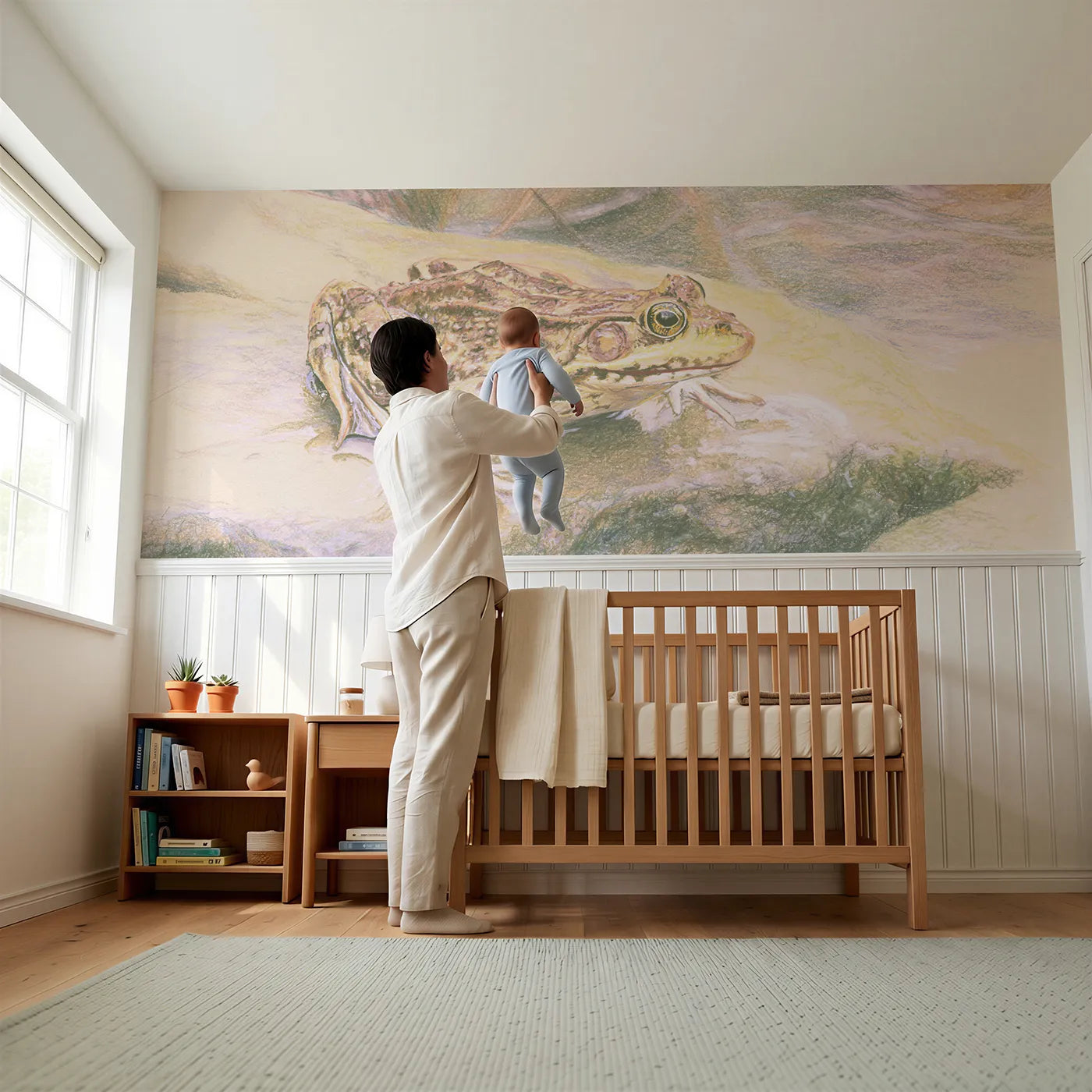 Child reading near Frog On The Wet Stone Wainscoting Wallpaper by Whimsy Tots