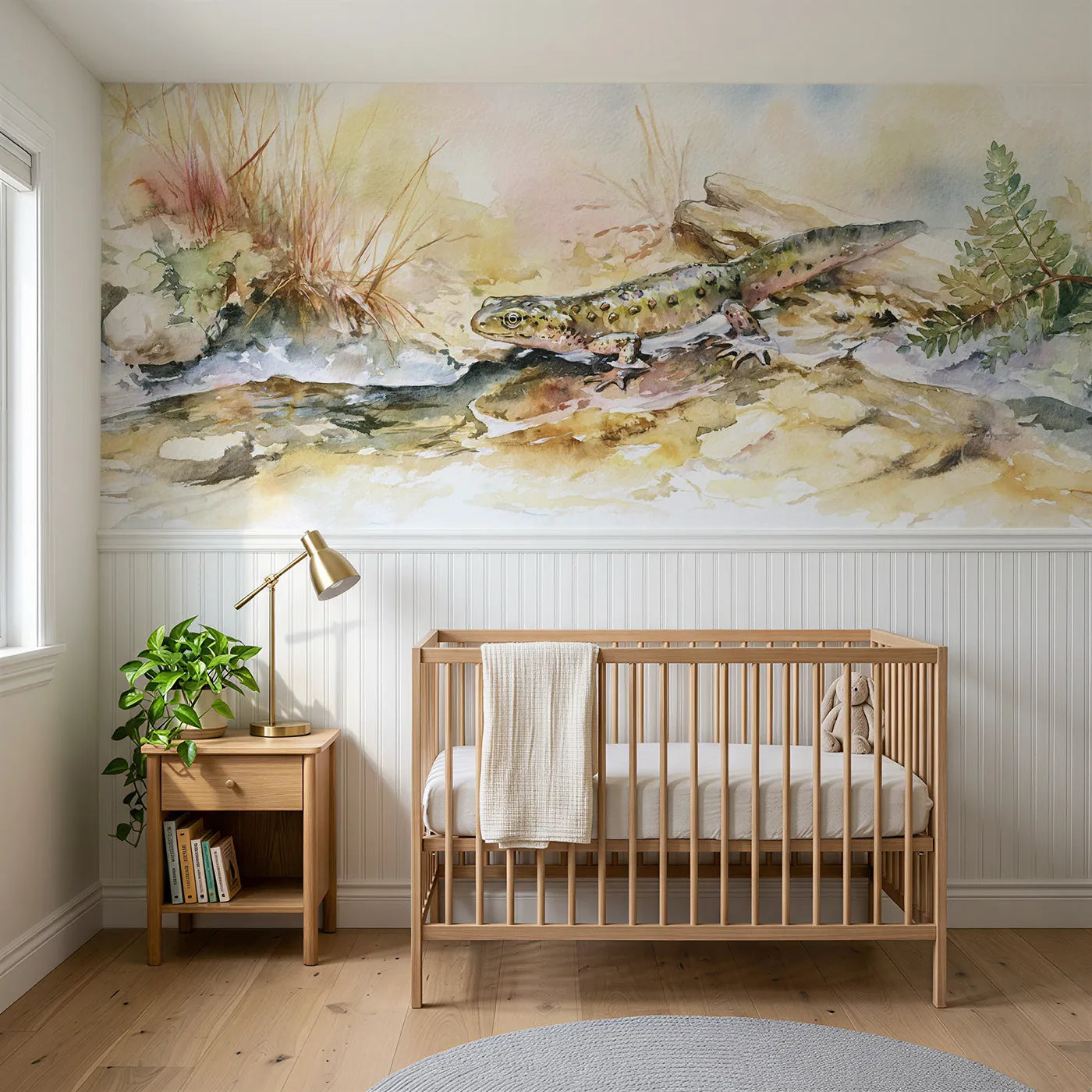 Watercolor wainscoting wallpaper of a newt at the pool edge by Whimsy Tots