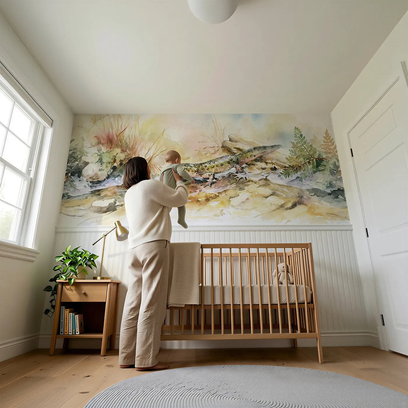 Child reading near Newt At The Pool Edge Wainscoting Wallpaper by Whimsy Tots