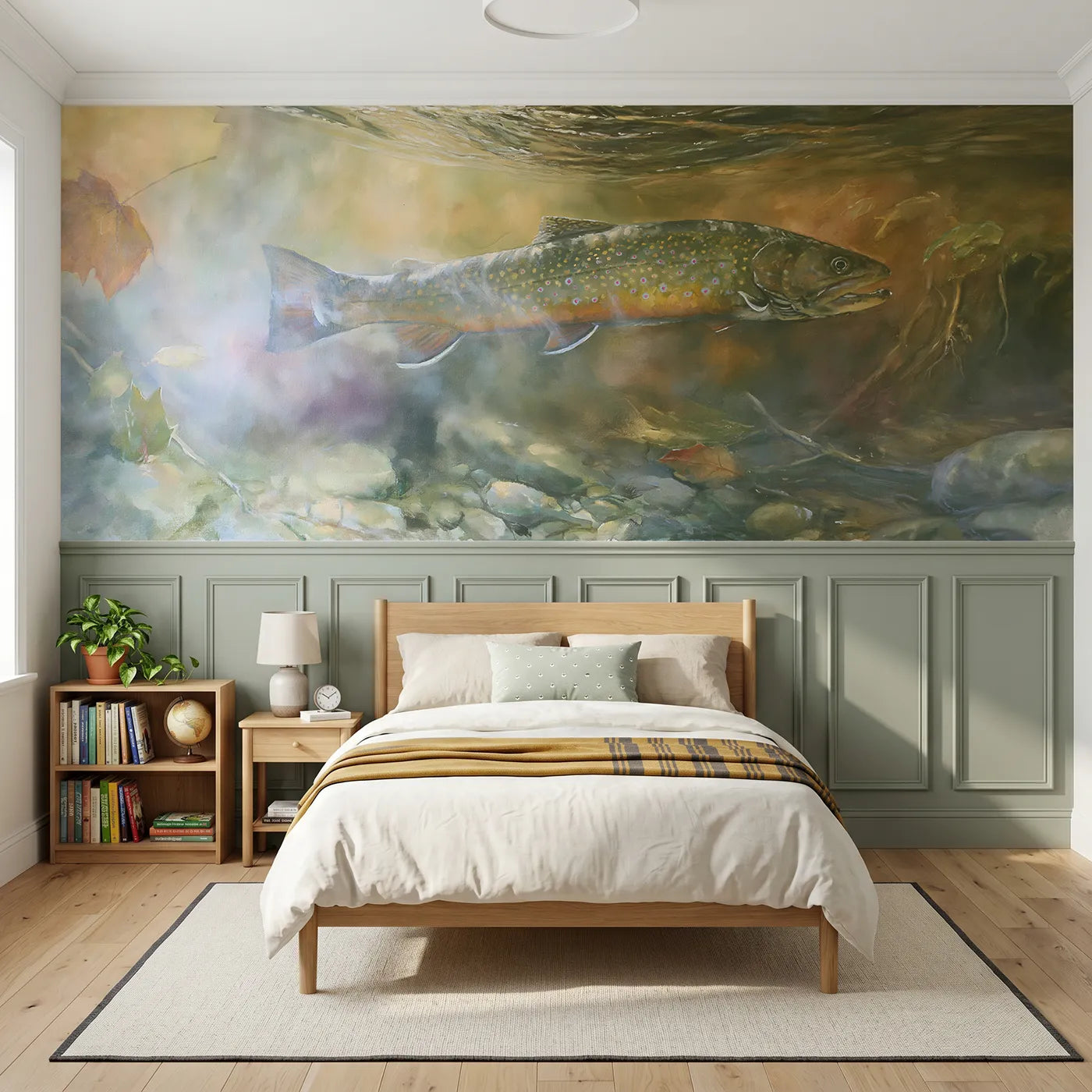 Watercolor wainscoting wallpaper of a brook trout in the pool by Whimsy Tots