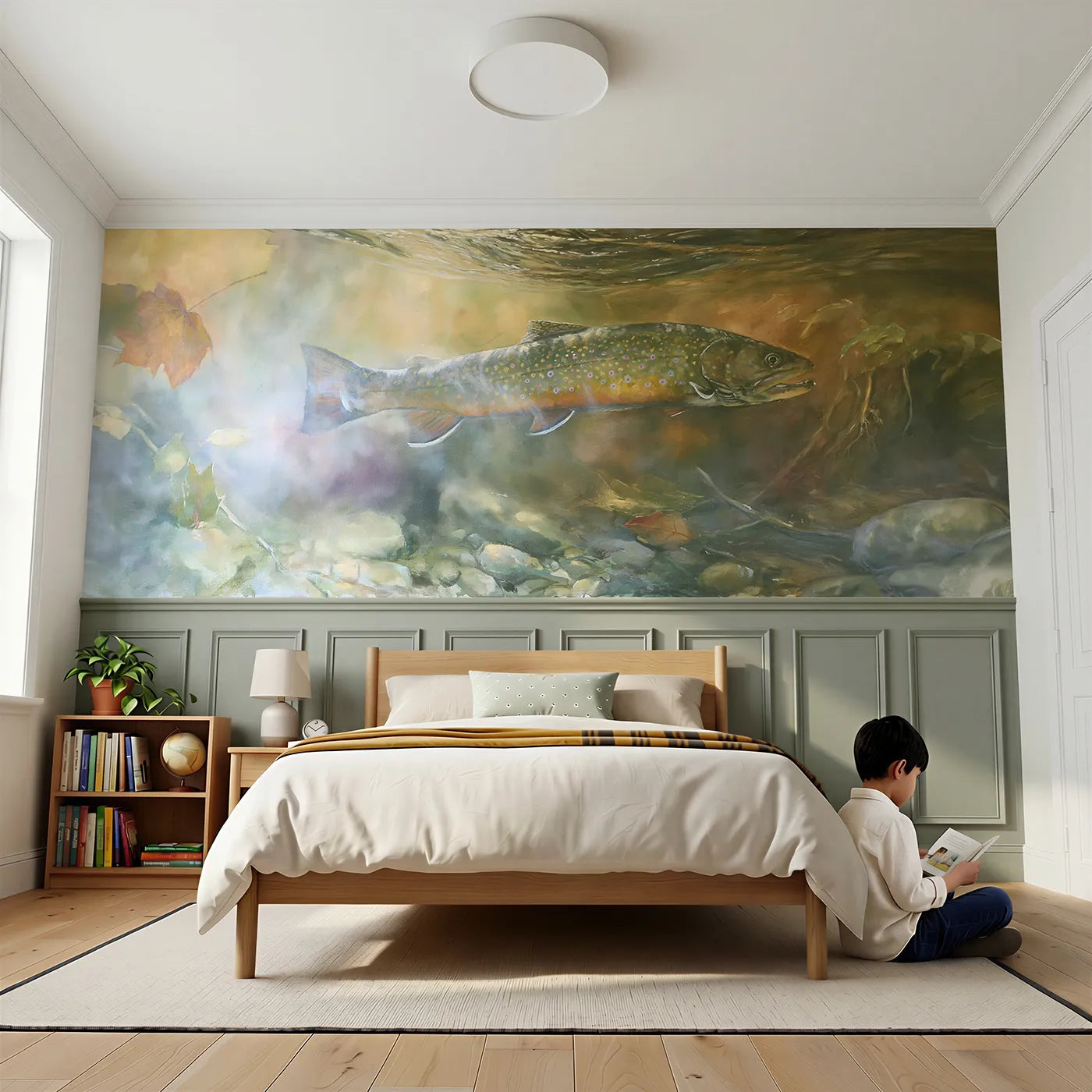 Child reading near Brook Trout In The Pool Wainscoting Wallpaper by Whimsy Tots