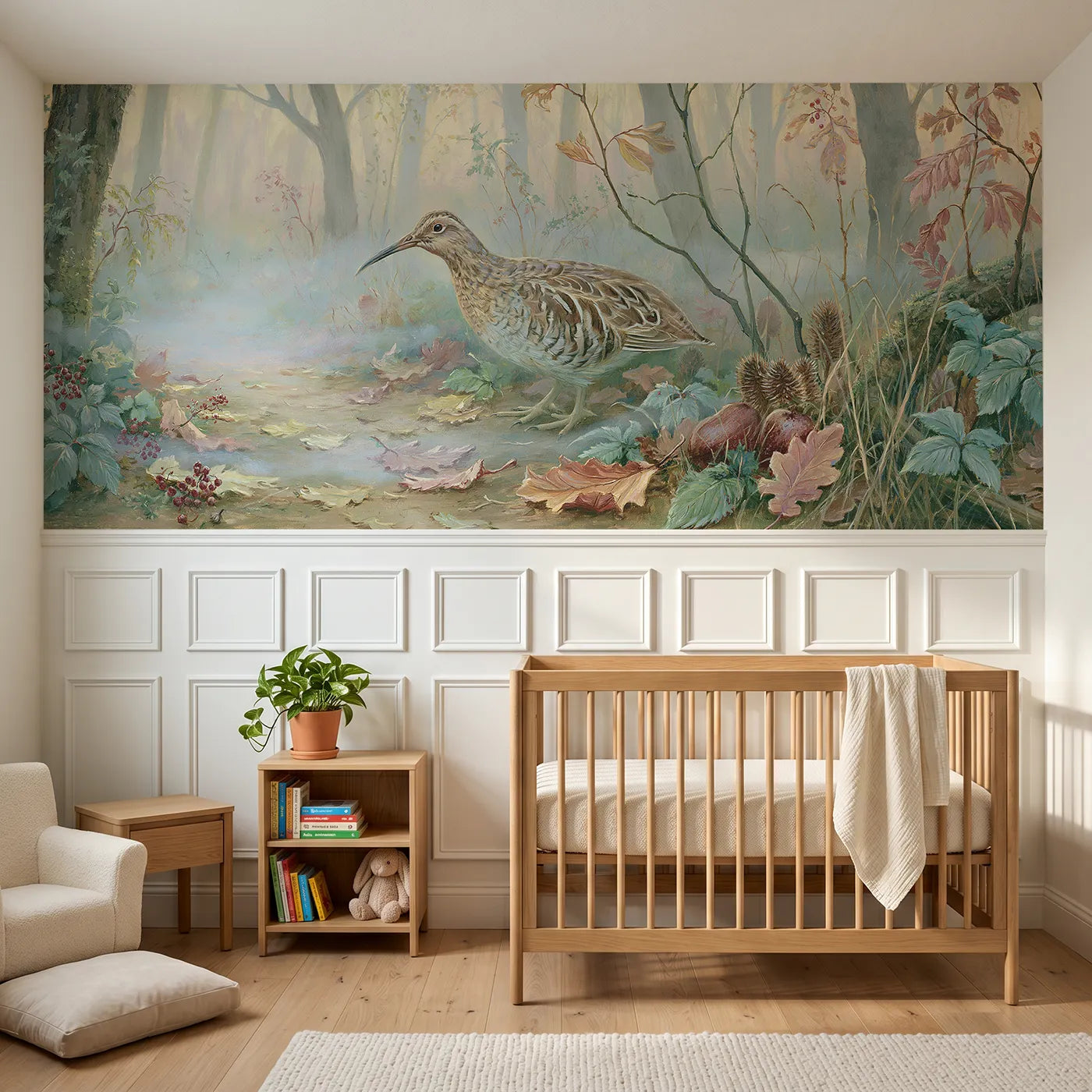Storybook wainscoting wallpaper of a woodcock on the path by Whimsy Tots