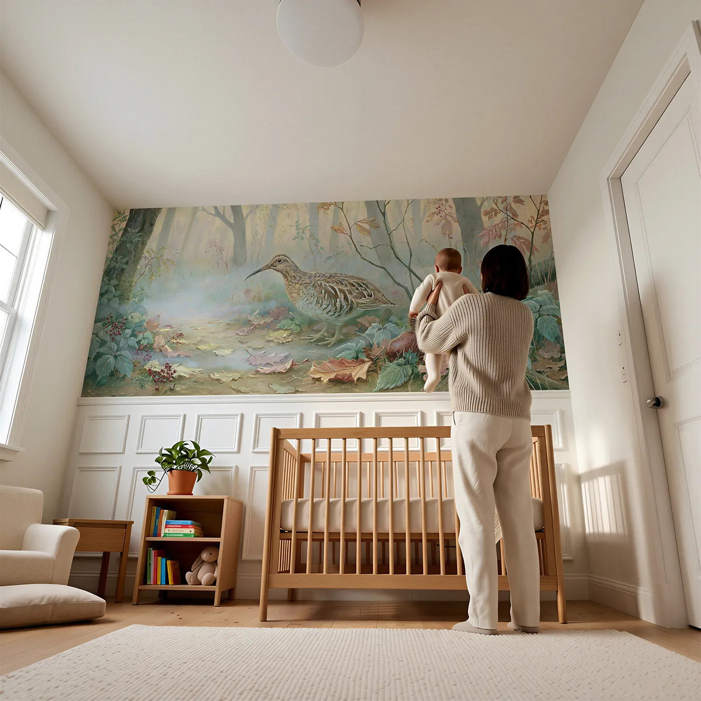 Child reading near Woodcock On The Path Wainscoting Wallpaper by Whimsy Tots