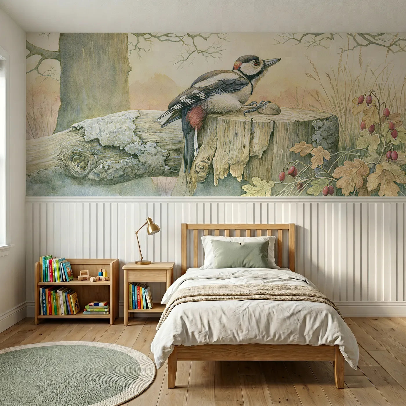 Storybook wainscoting wallpaper of drumming on the old snag by Whimsy Tots