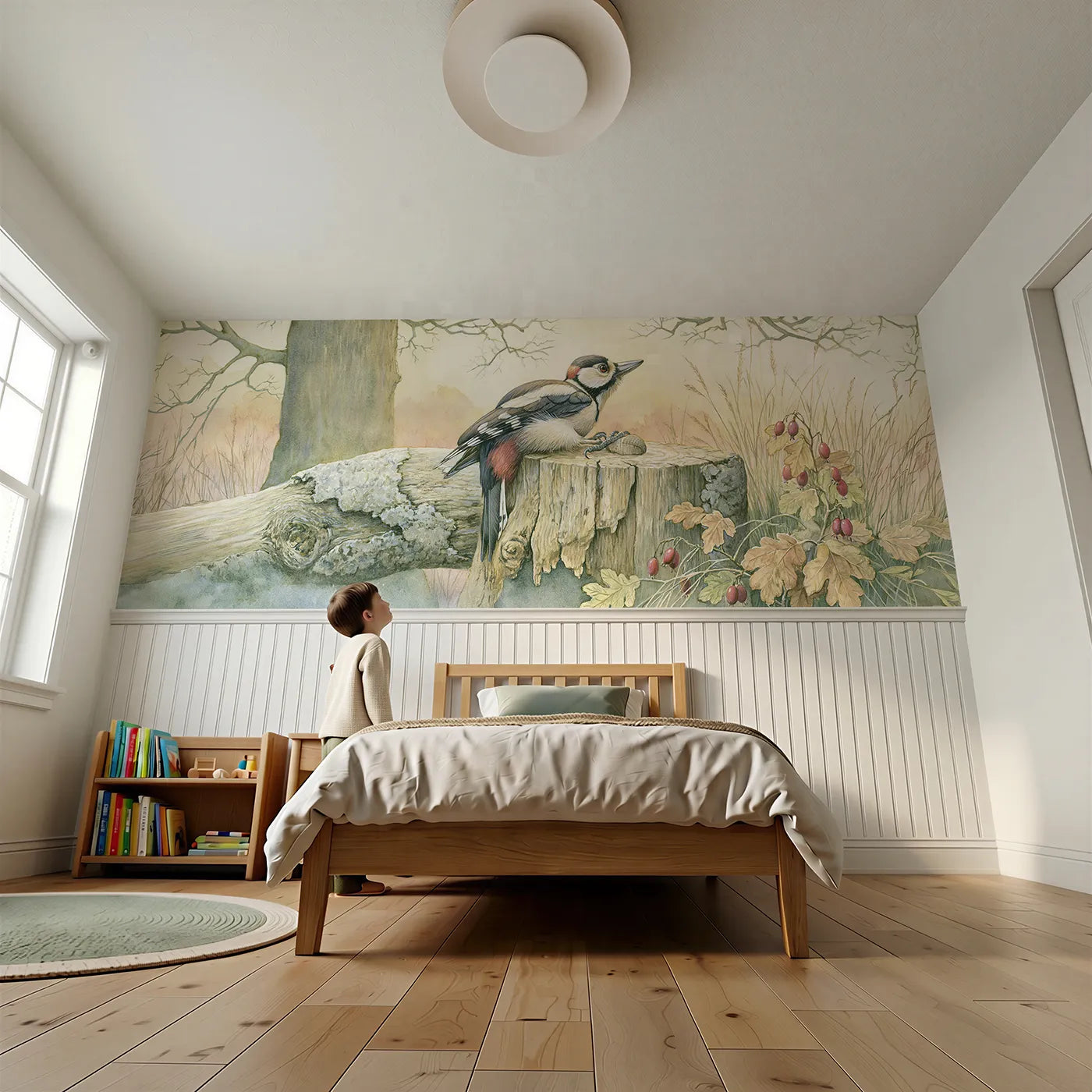 Child reading near Drumming On The Old Snag Wainscoting Wallpaper by Whimsy Tots