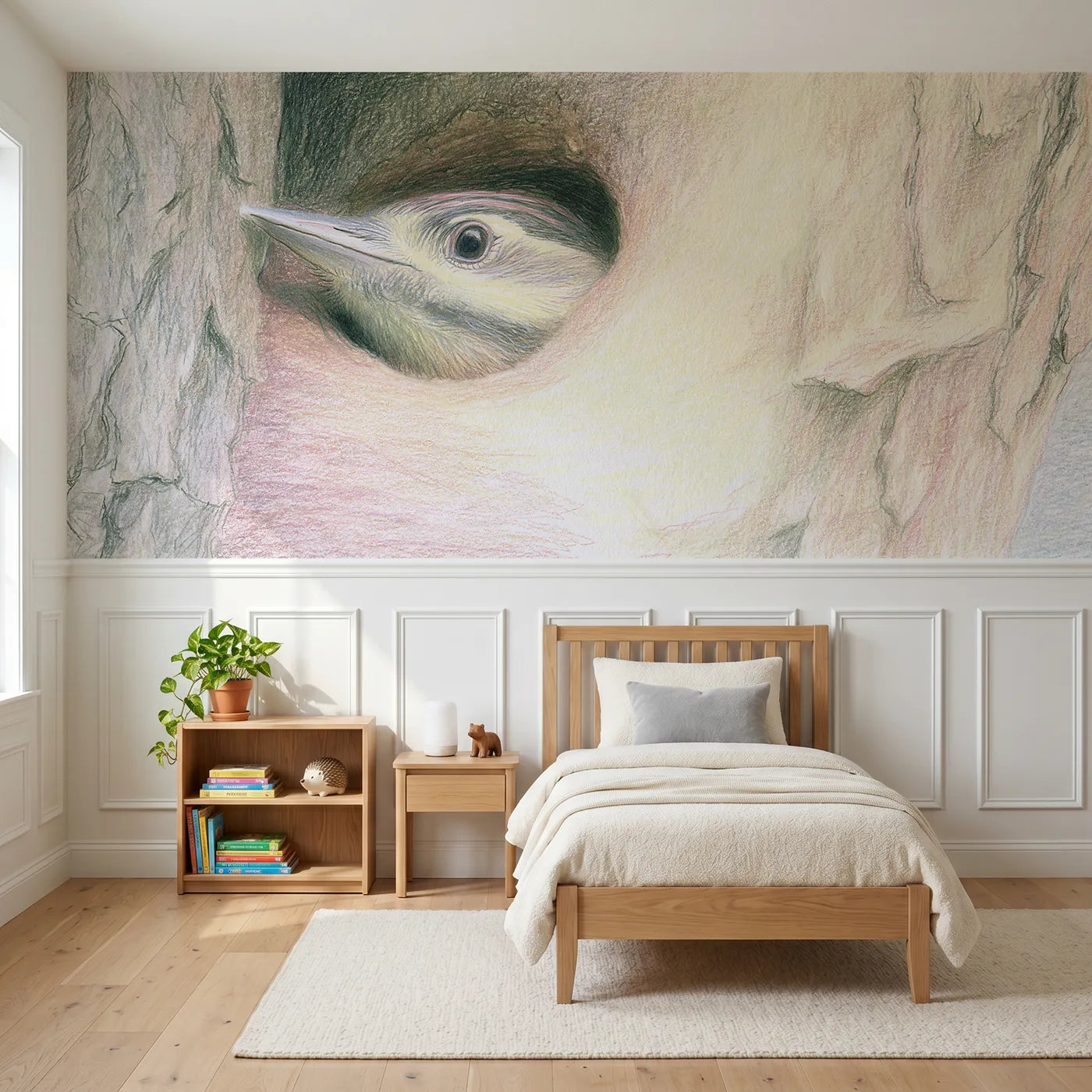 Colored pencil wainscoting wallpaper of peeking from the nest hole by Whimsy Tots