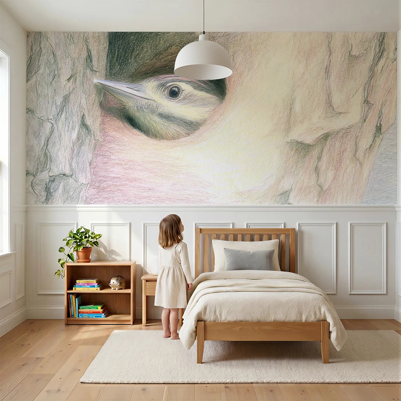 Child reading near Peeking From The Nest Hole Wainscoting Wallpaper by Whimsy Tots