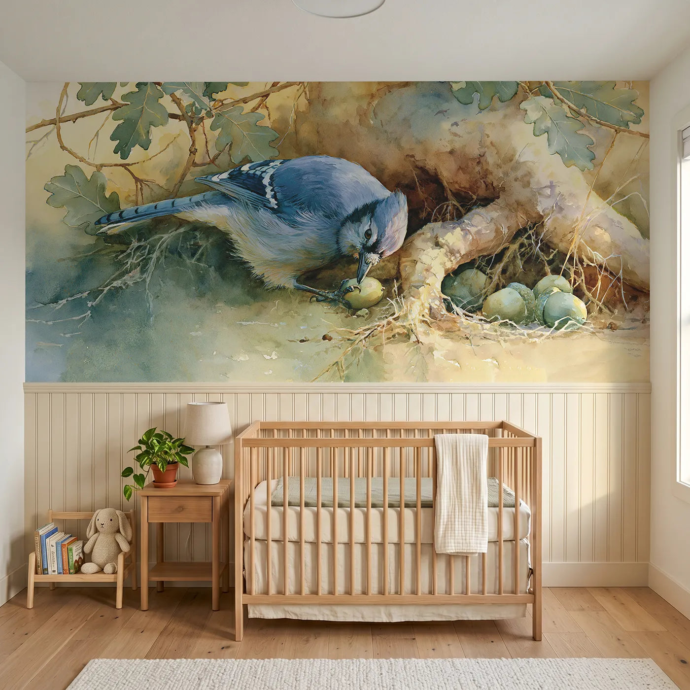 Watercolor wainscoting wallpaper of a jay and the hidden acorn by Whimsy Tots