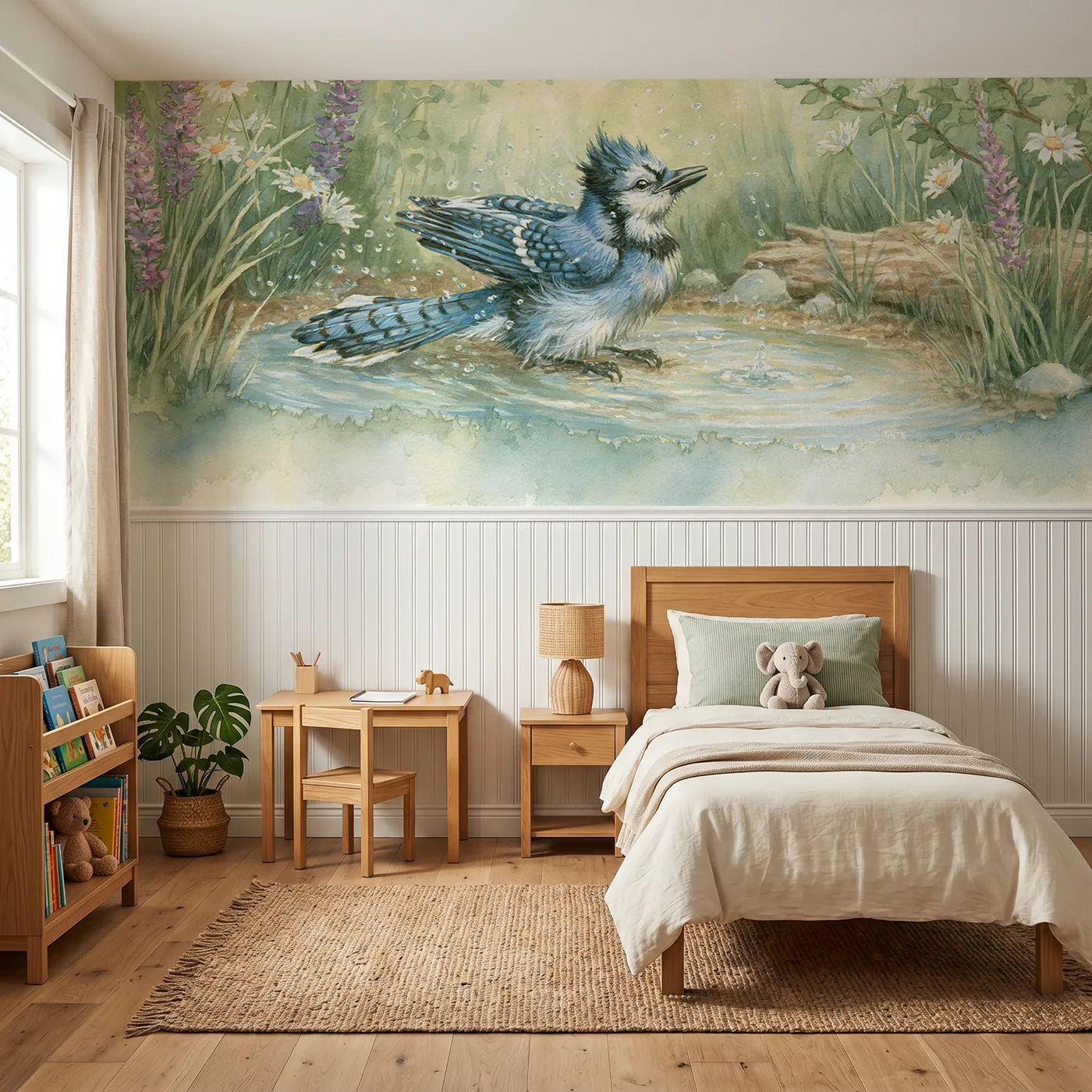 Storybook wainscoting wallpaper of a jay in the rain puddle by Whimsy Tots
