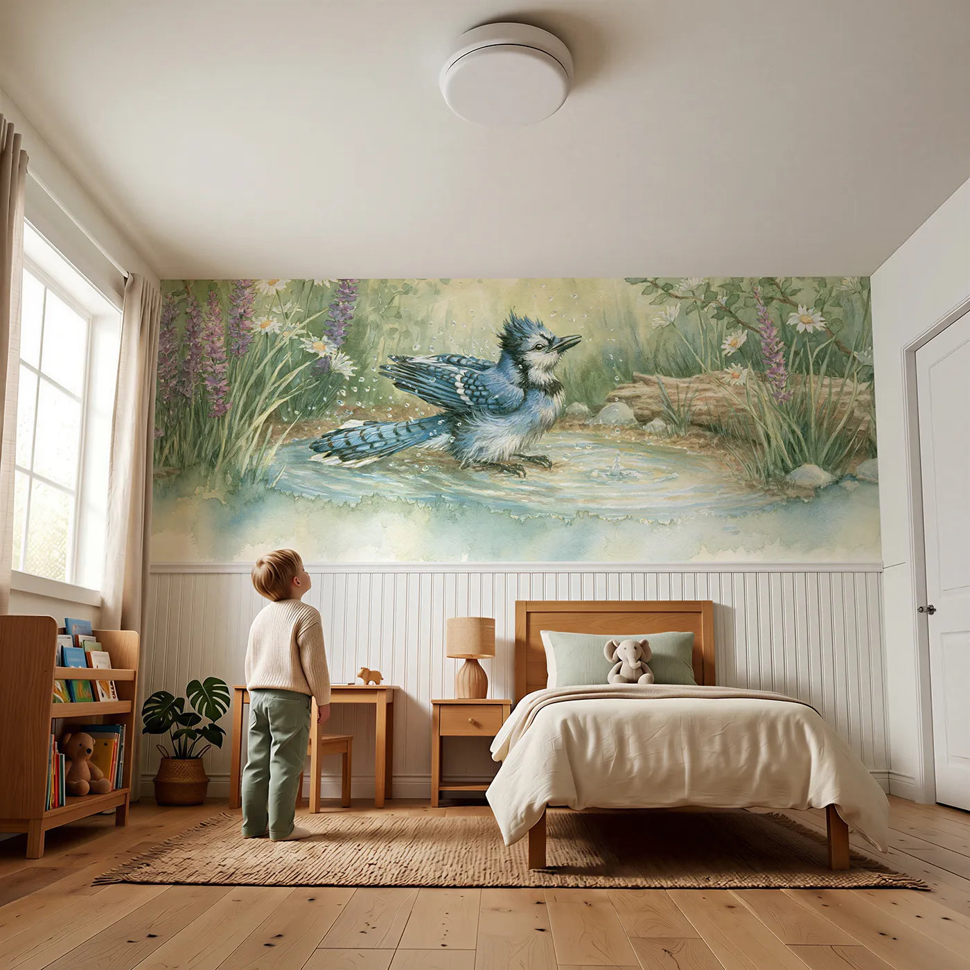 Child reading near Jay In The Rain Puddle Wainscoting Wallpaper by Whimsy Tots