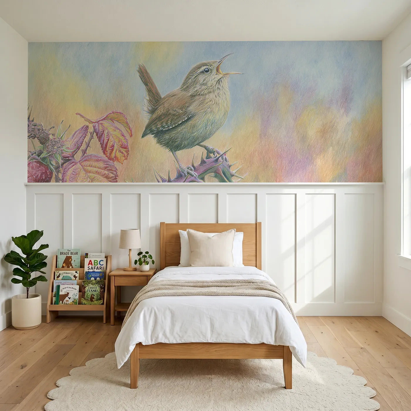 Colored pencil wainscoting wallpaper of a wren on the bramble tip by Whimsy Tots