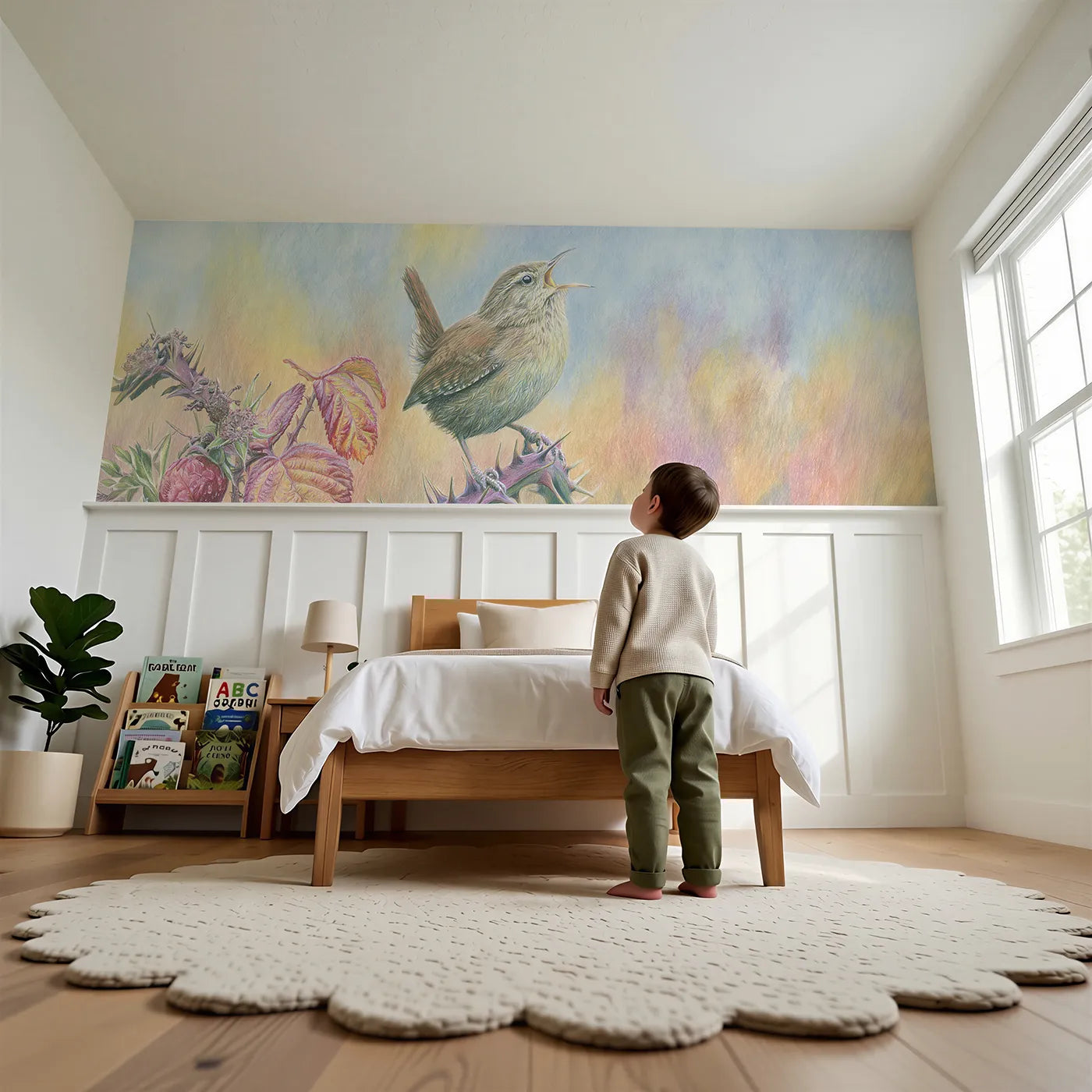 Child reading near Wren On The Bramble Tip Wainscoting Wallpaper by Whimsy Tots