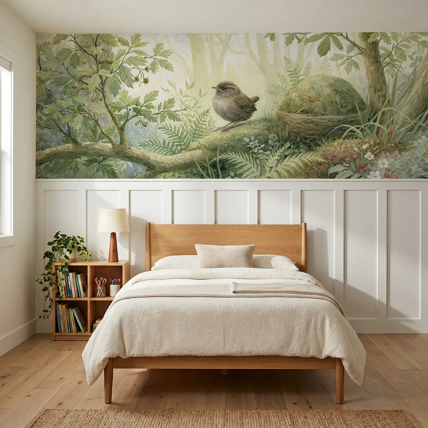 Storybook wainscoting wallpaper of the wren and her nest by Whimsy Tots
