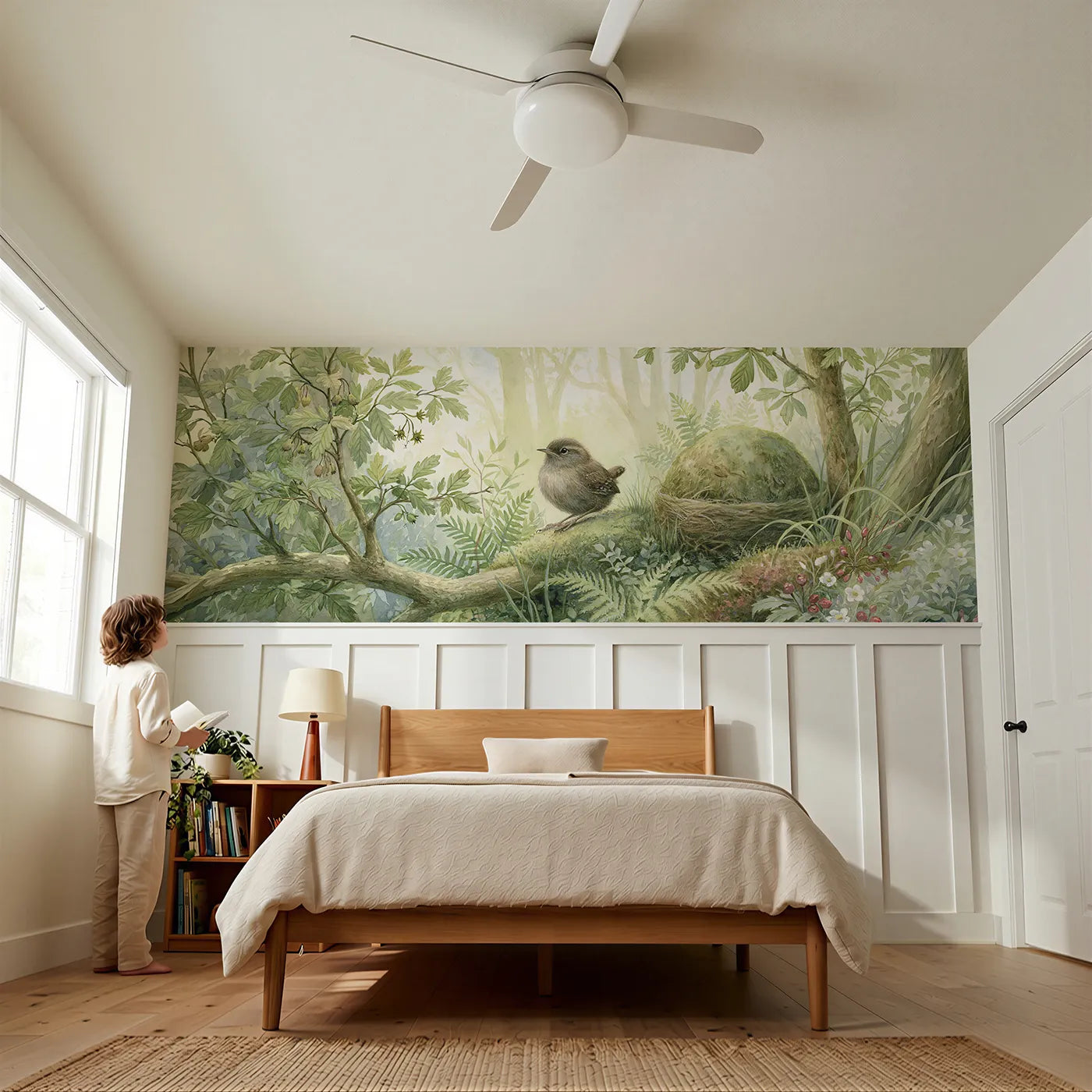 Child reading near The Wren And Her Nest Wainscoting Wallpaper by Whimsy Tots