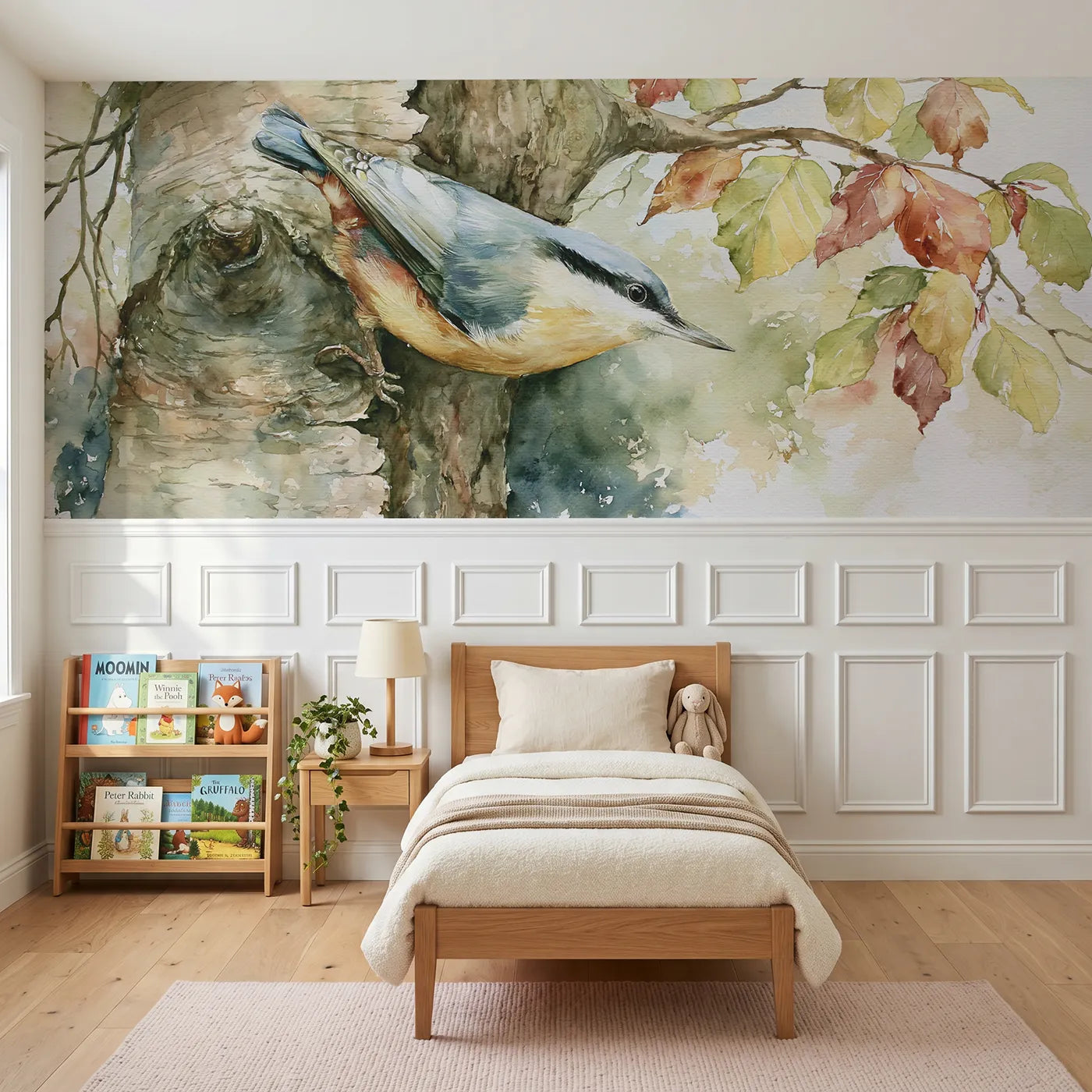 Watercolor wainscoting wallpaper of headfirst down the trunk by Whimsy Tots