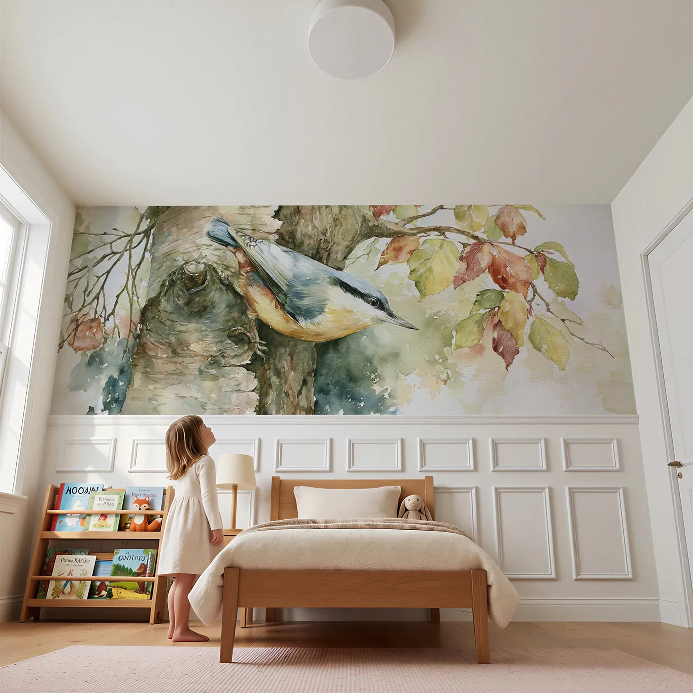 Child reading near Headfirst Down The Trunk Wainscoting Wallpaper by Whimsy Tots